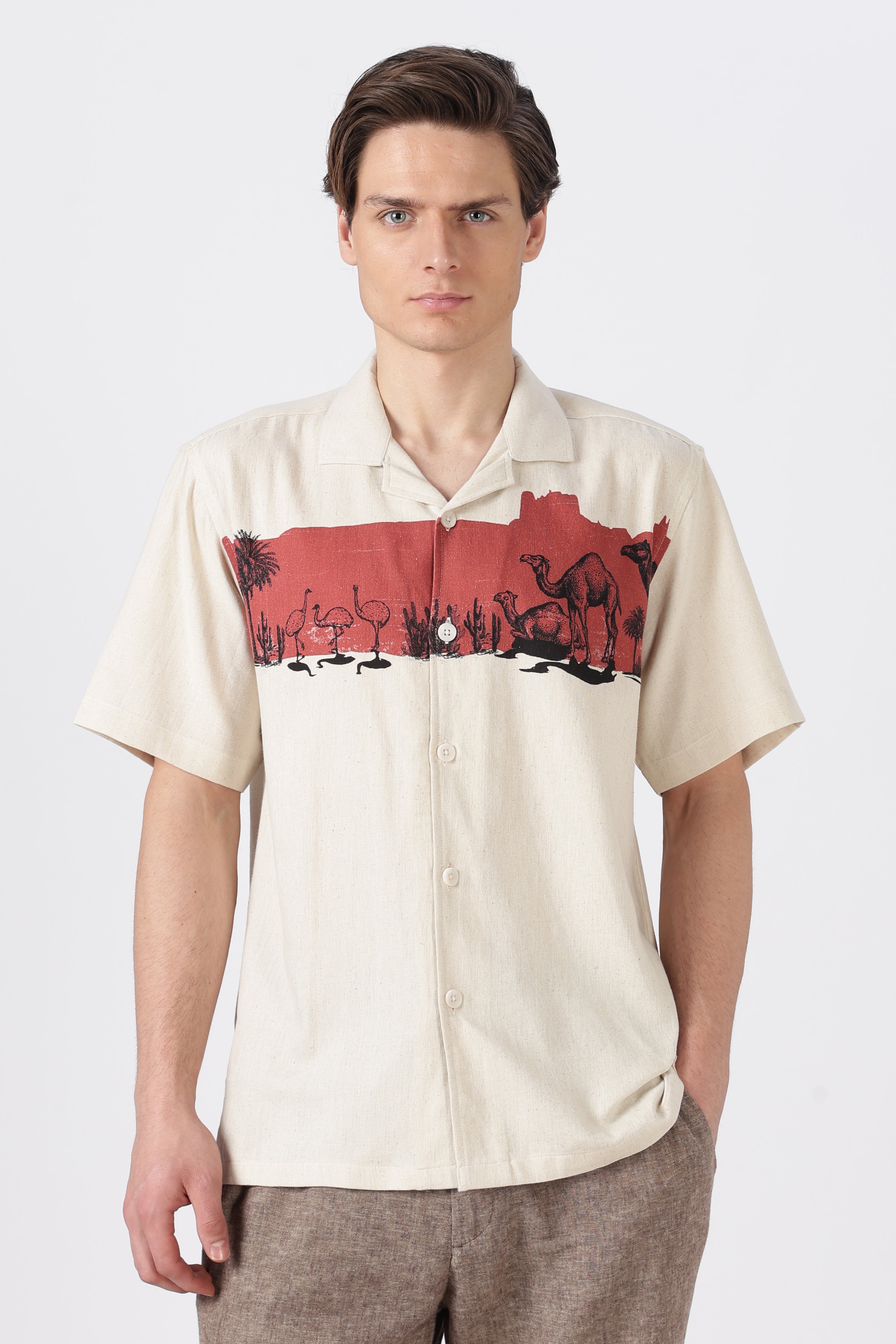 Desert Caravan Cotton Box Fit Beige Printed Shirt