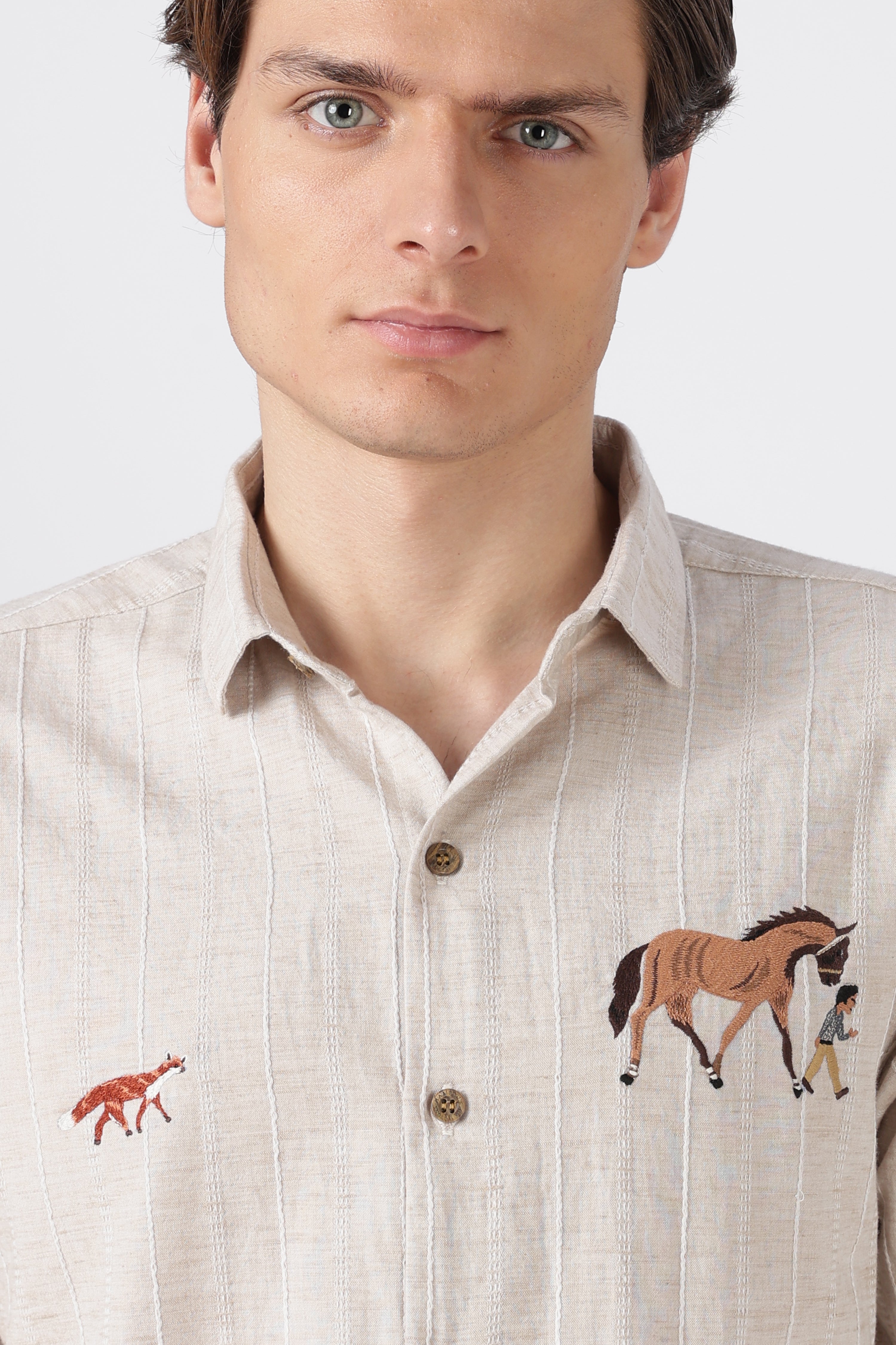 Equestrian Stroll Cotton Regular Fit Beige Striped Shirt