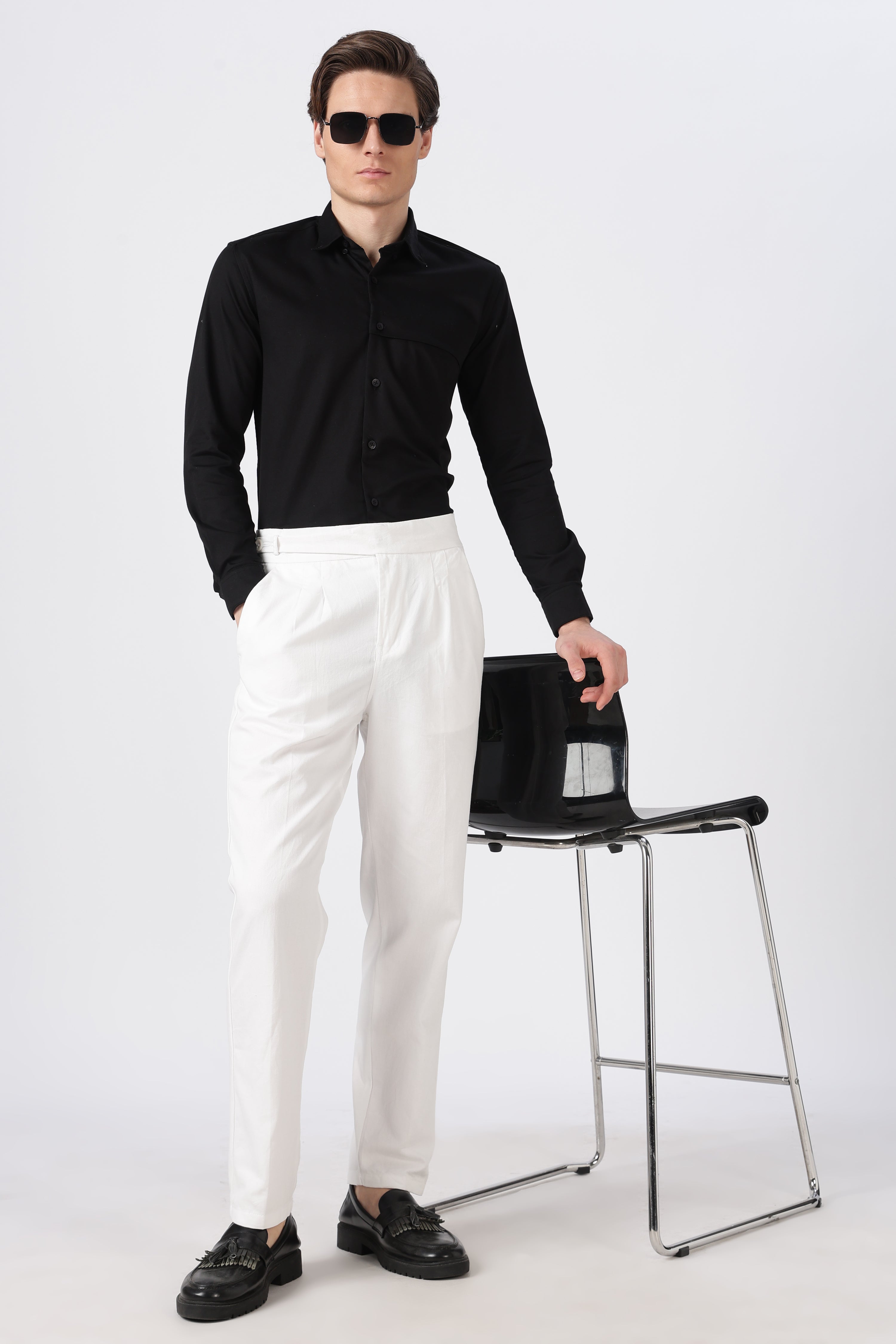 Italian Style White Pleated Straight Fit Pants