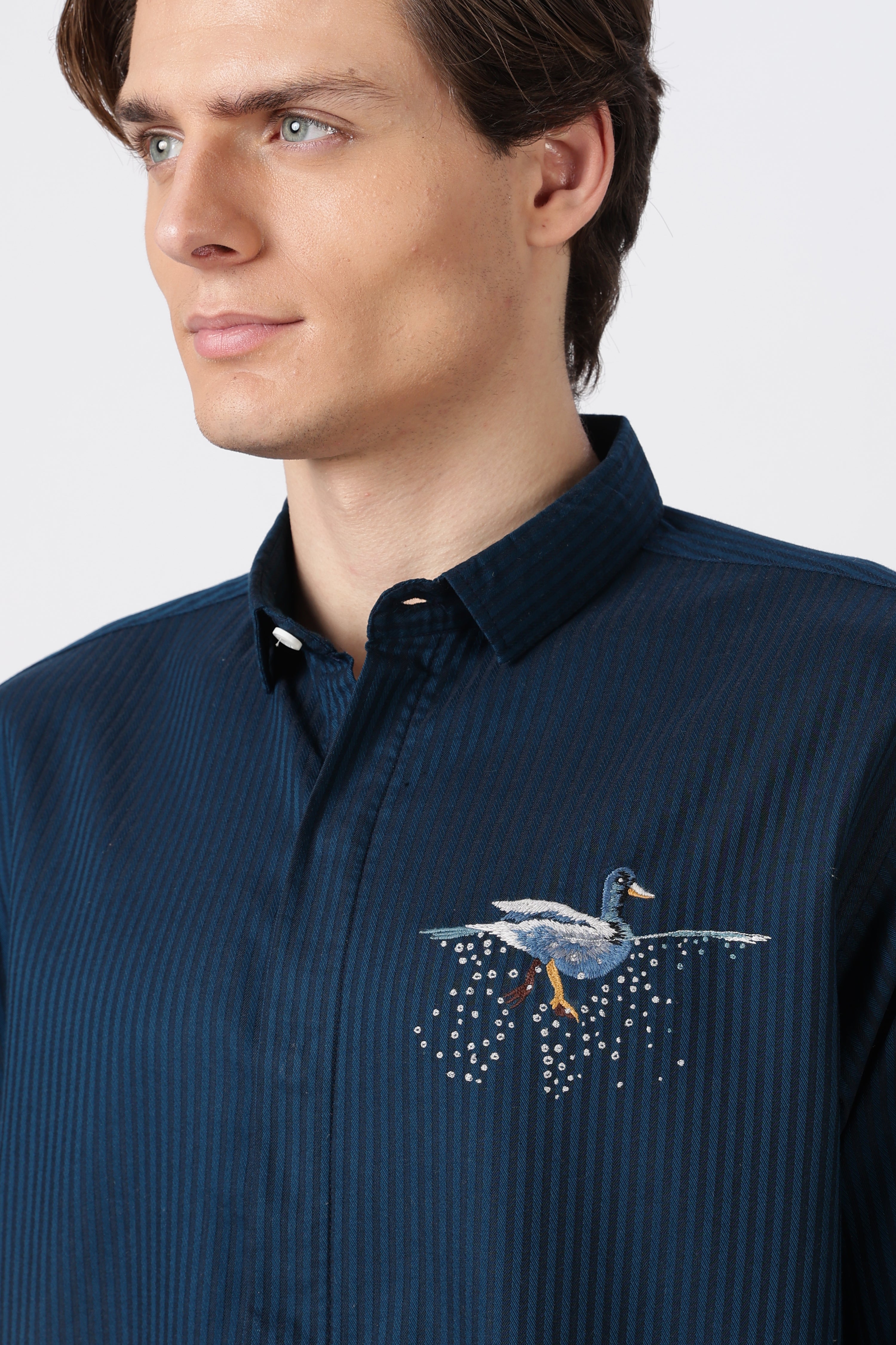 Mallard Rippling Cotton Regular Fit Navy Striped Embroidered Shirt