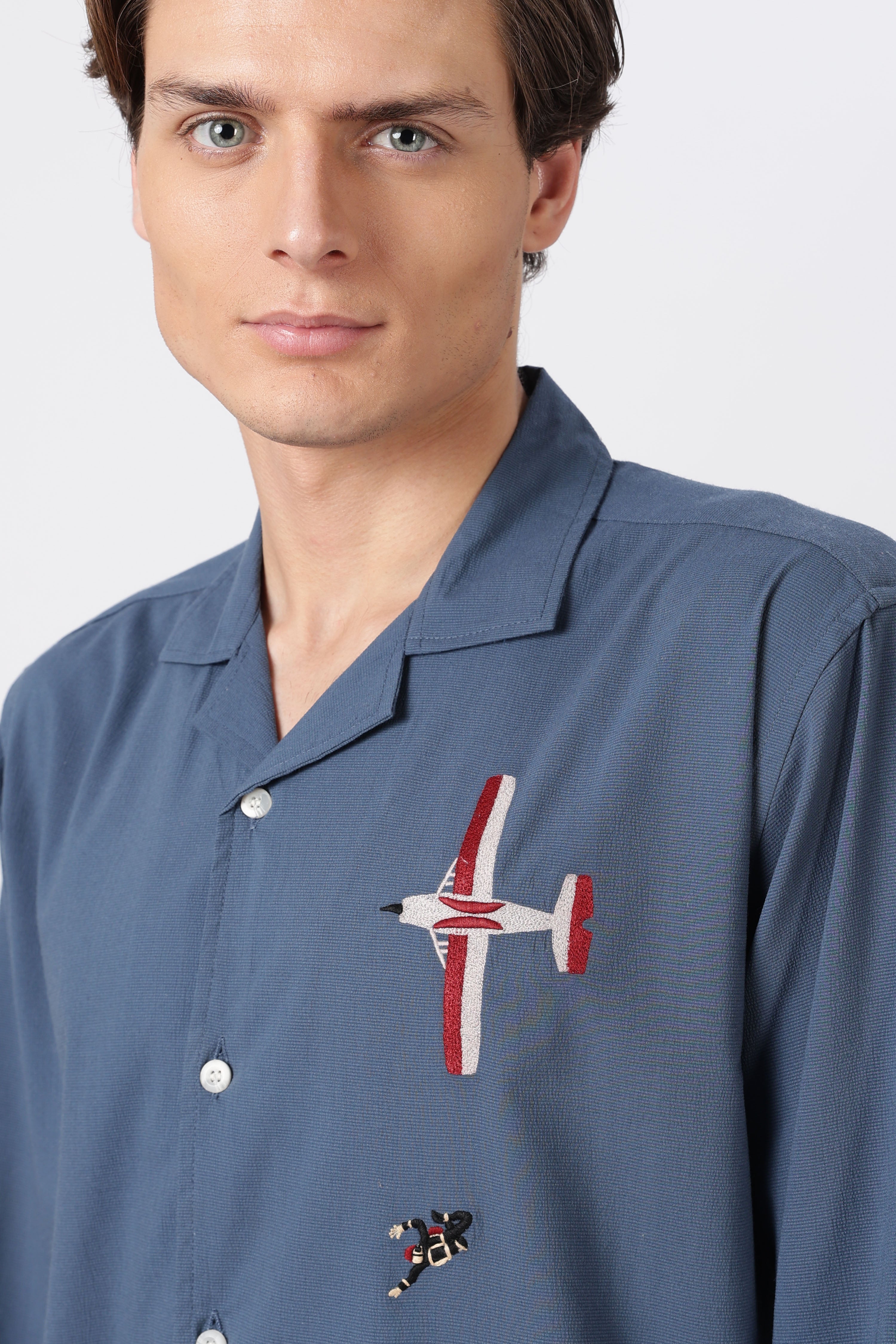 Sky Dive Cotton Box Fit Blue Bespoke Embroidery Shirt