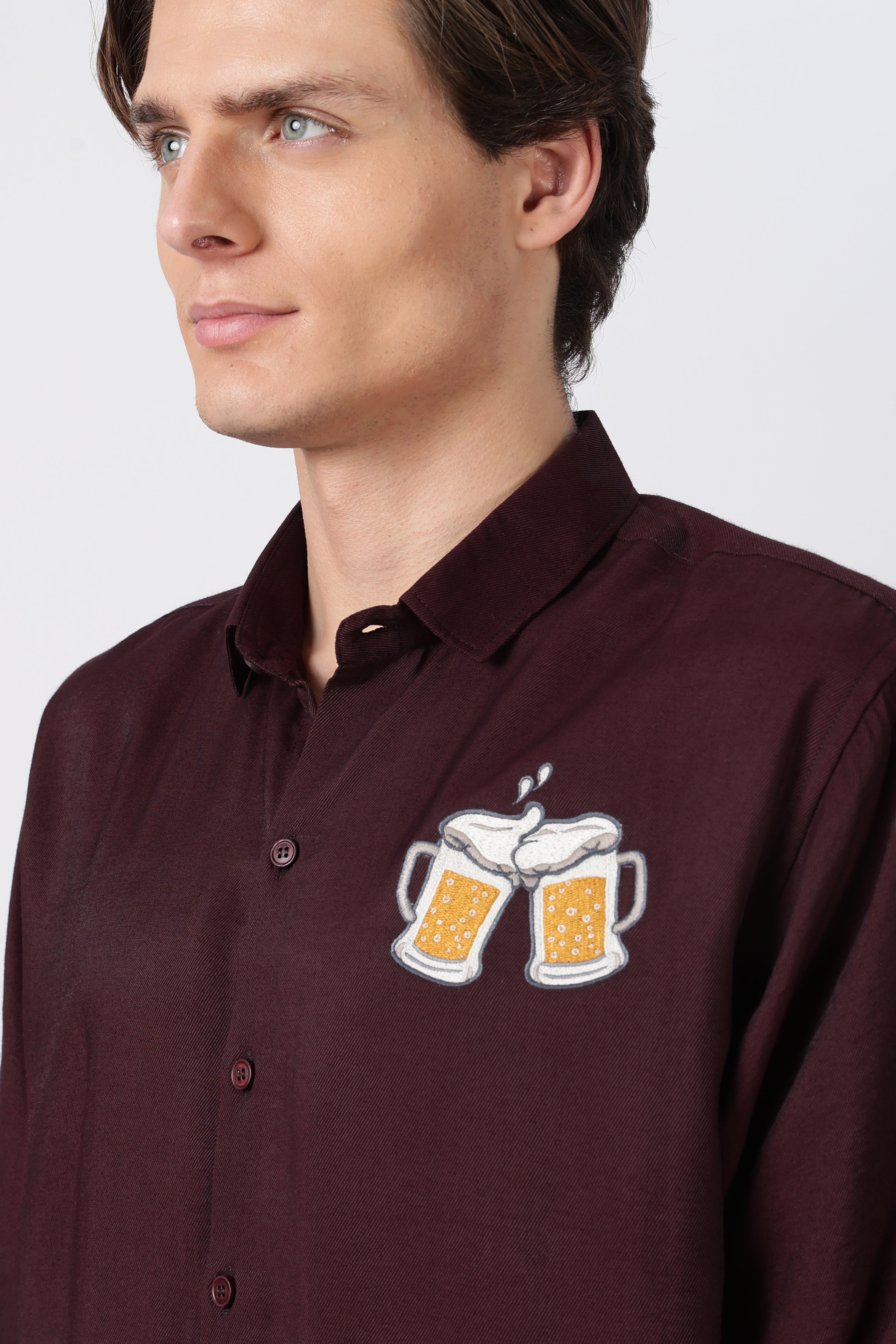 Beer Boys Fav Cotton Regular Fit Brown Embroidered Shirt