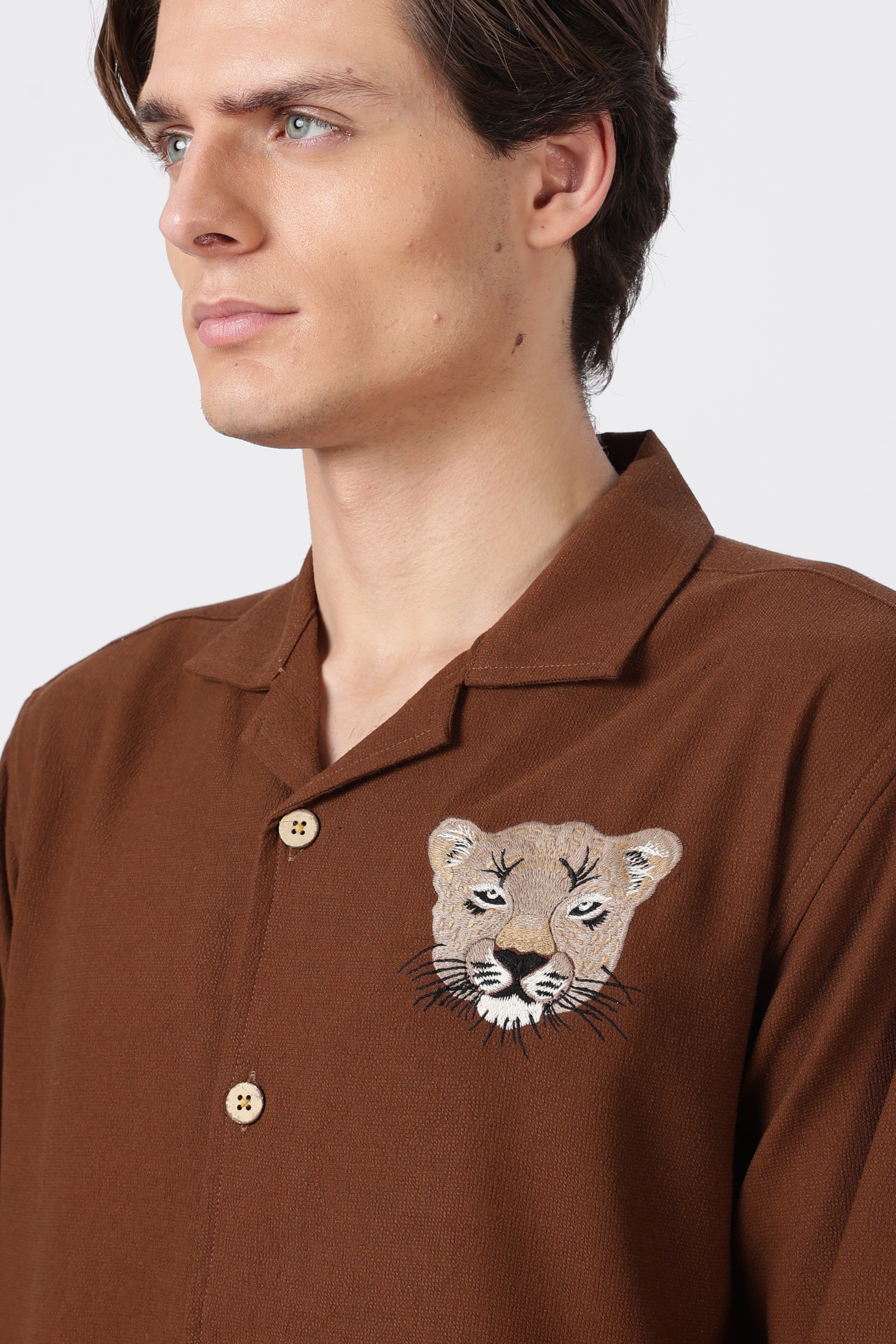 Desert Prowl Cotton Box Fit Brown Embroidered Shirt
