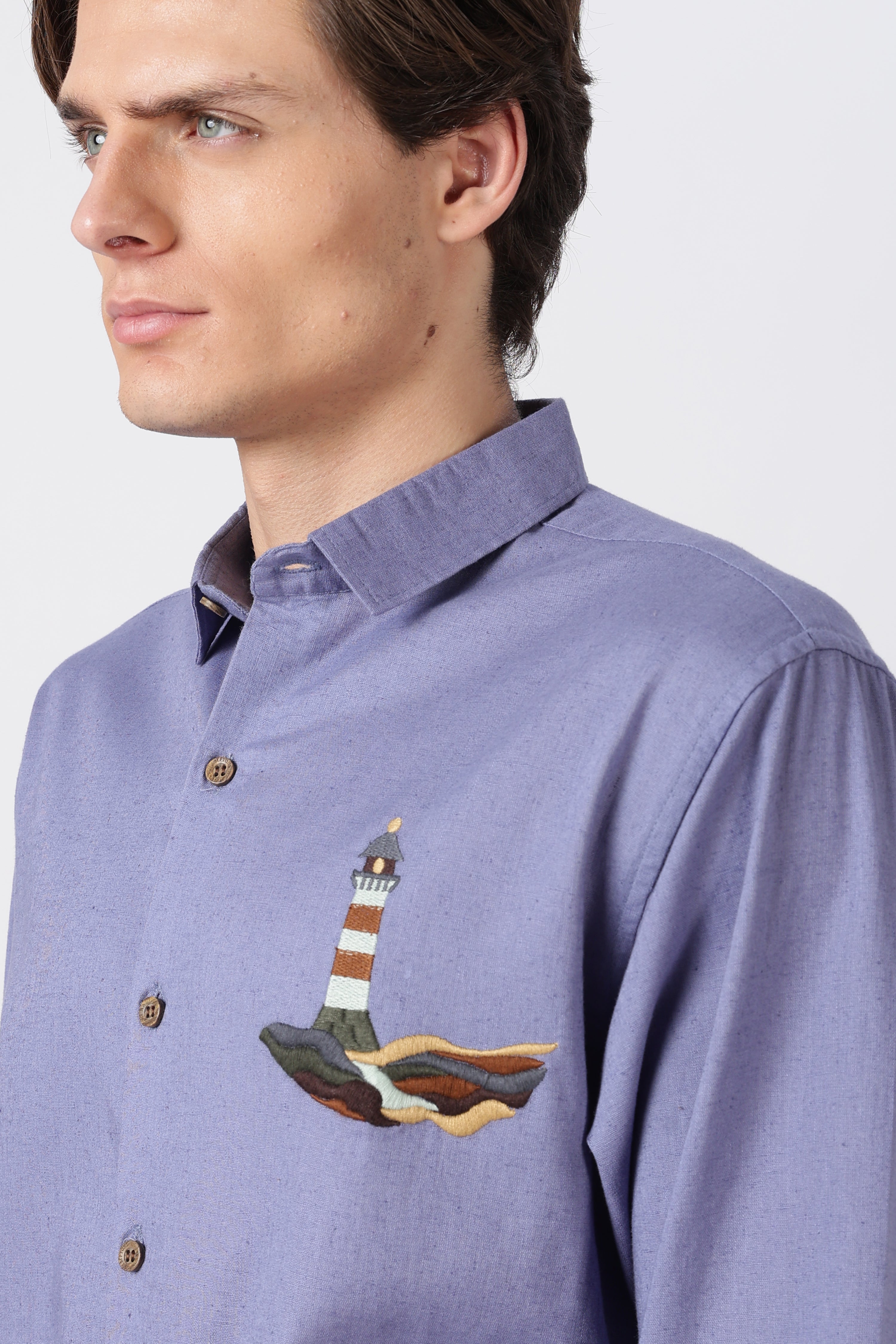 Harbor Lighthouse Cotton Regular Fit Purple Embroidery Shirt