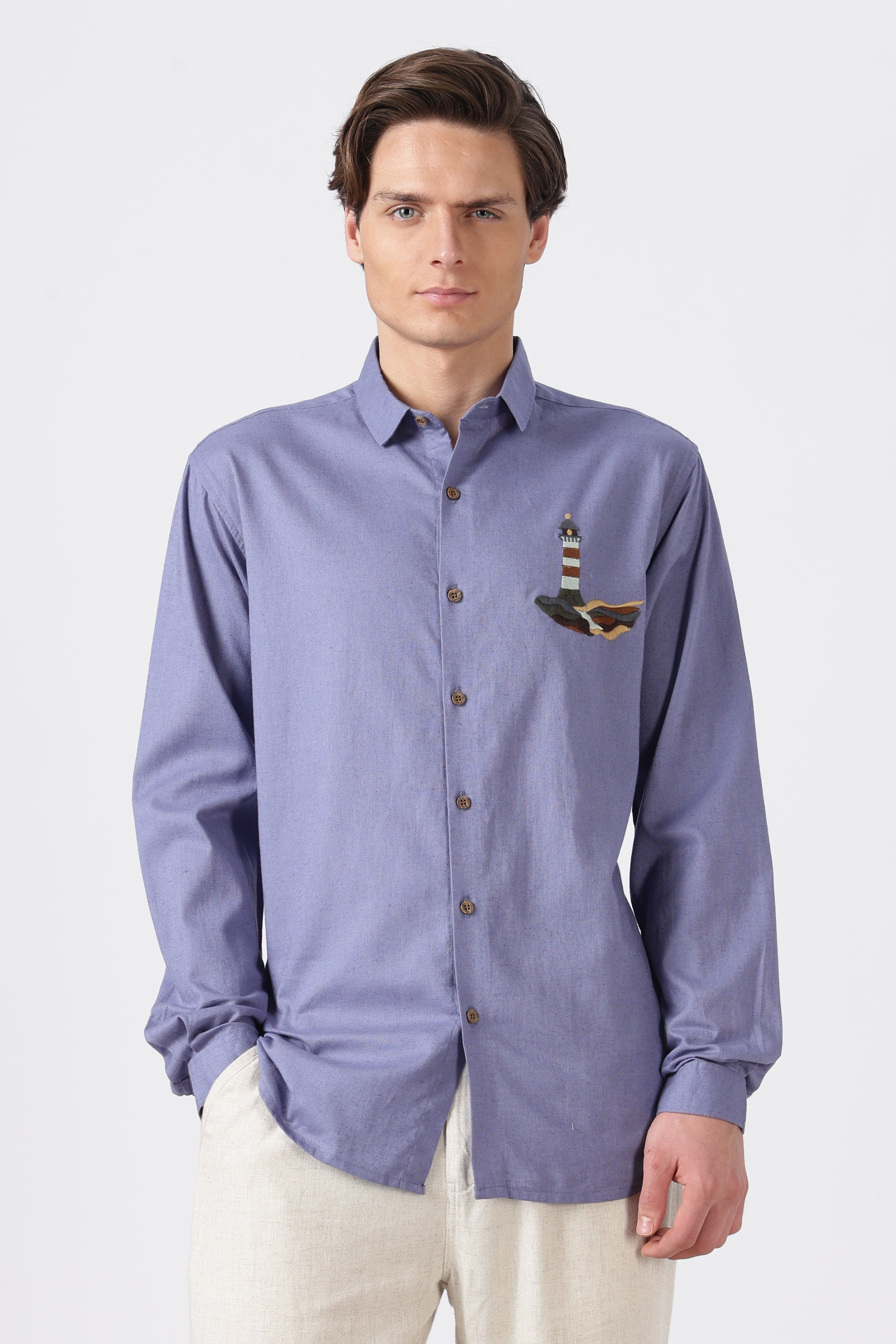 Harbor Lighthouse Cotton Regular Fit Purple Embroidery Shirt