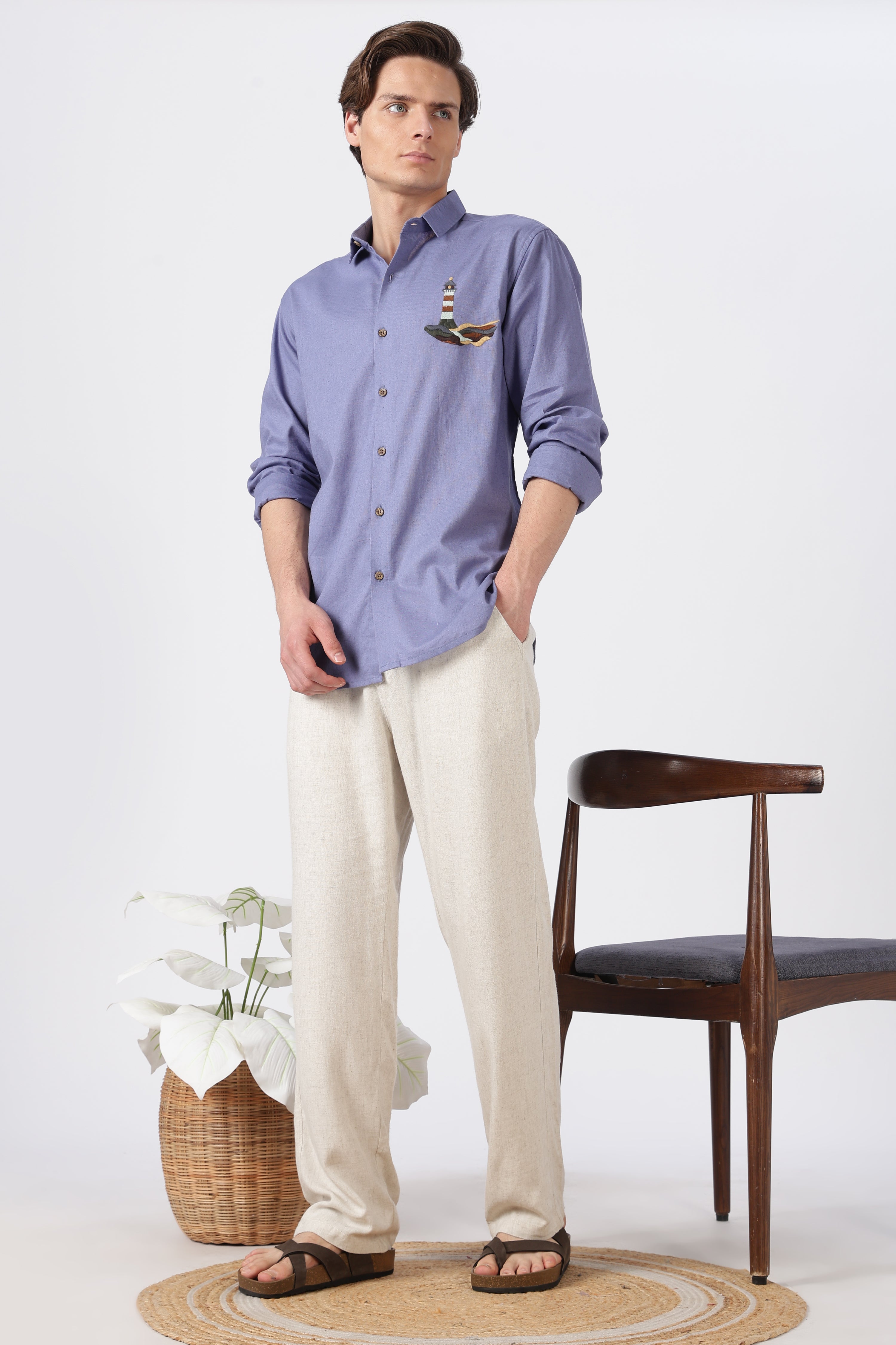 Harbor Lighthouse Cotton Regular Fit Purple Embroidery Shirt