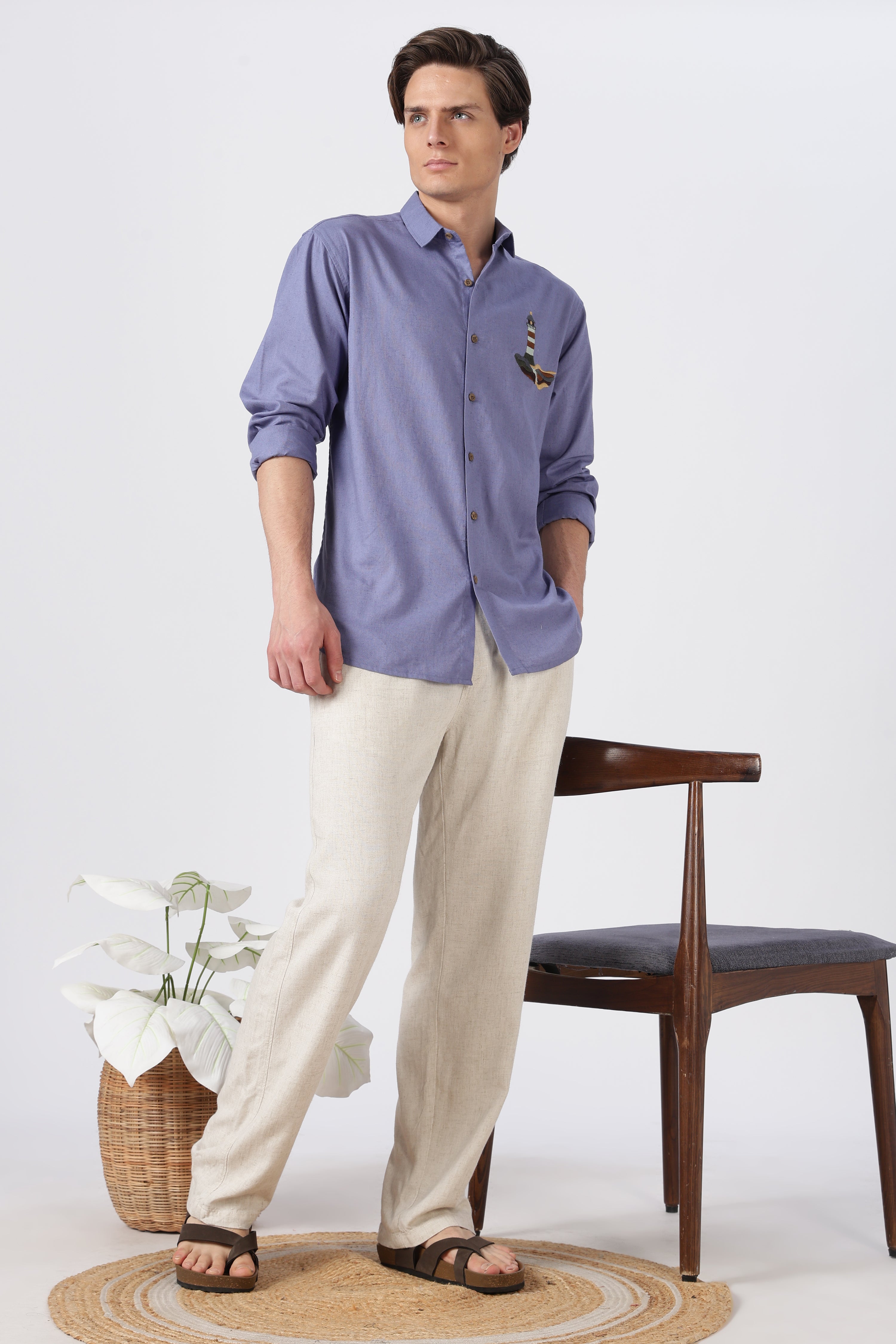 Harbor Lighthouse Cotton Regular Fit Purple Embroidery Shirt