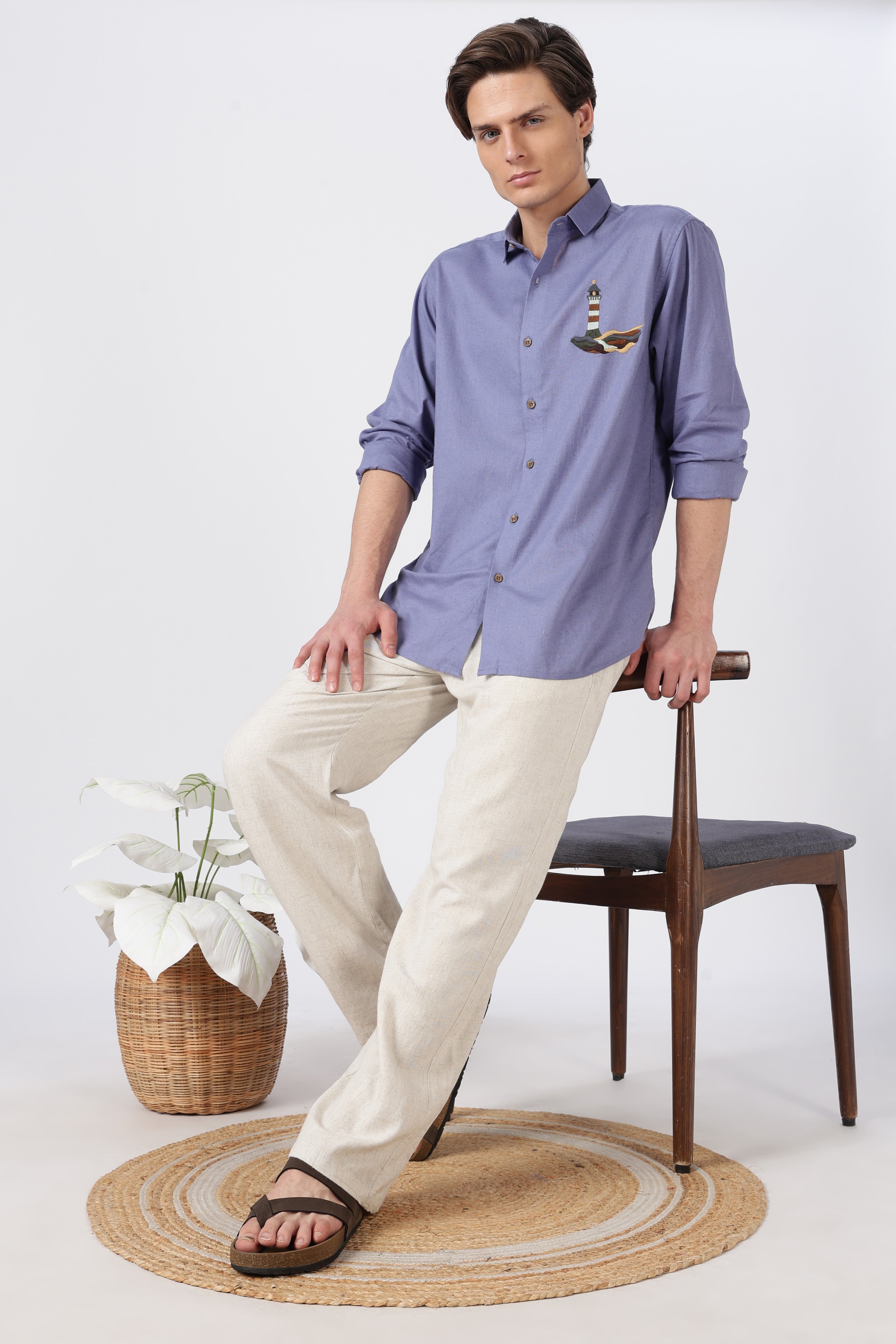 Harbor Lighthouse Cotton Regular Fit Purple Embroidery Shirt