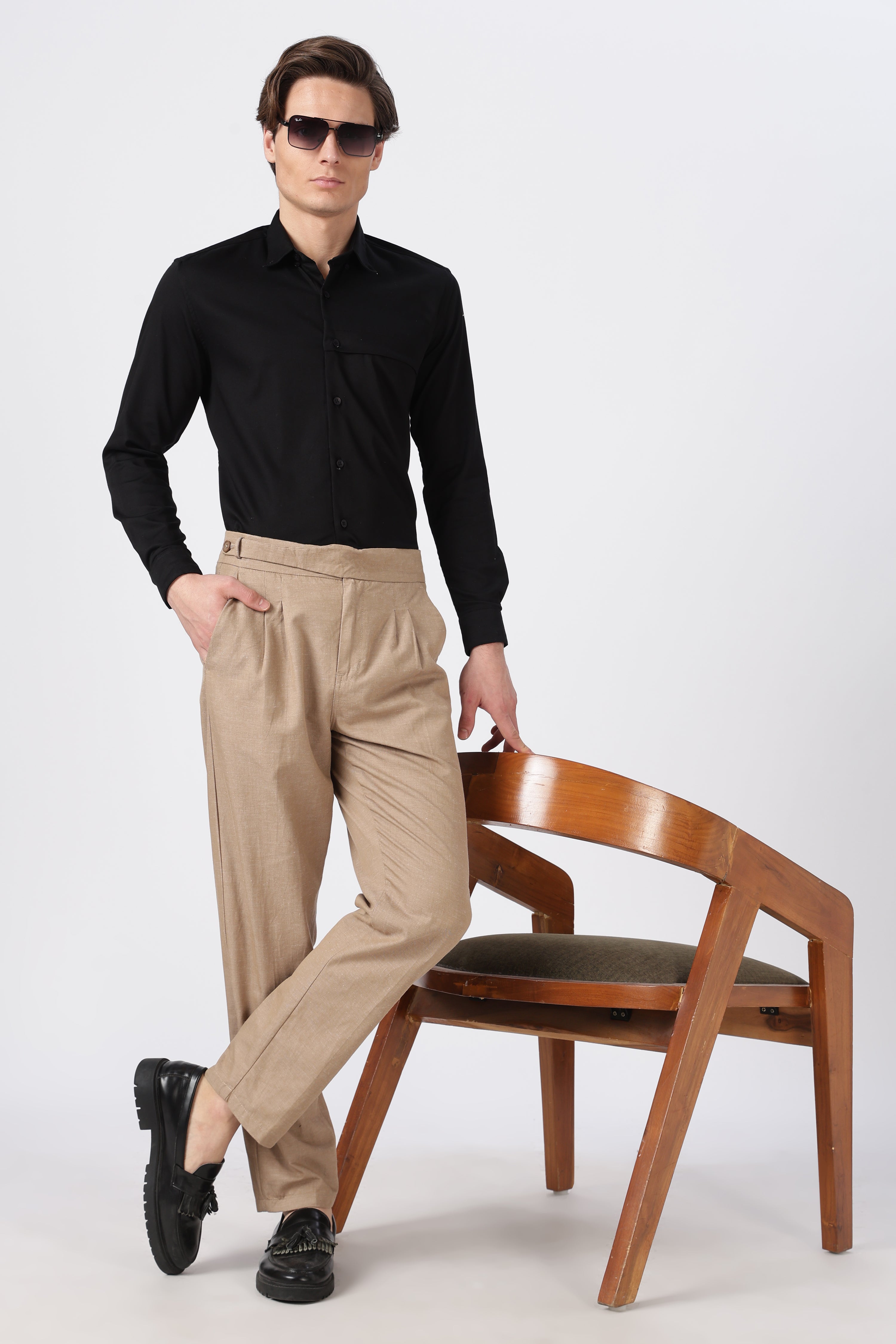 Italian Style Khaki Pleated Straight Fit Pants