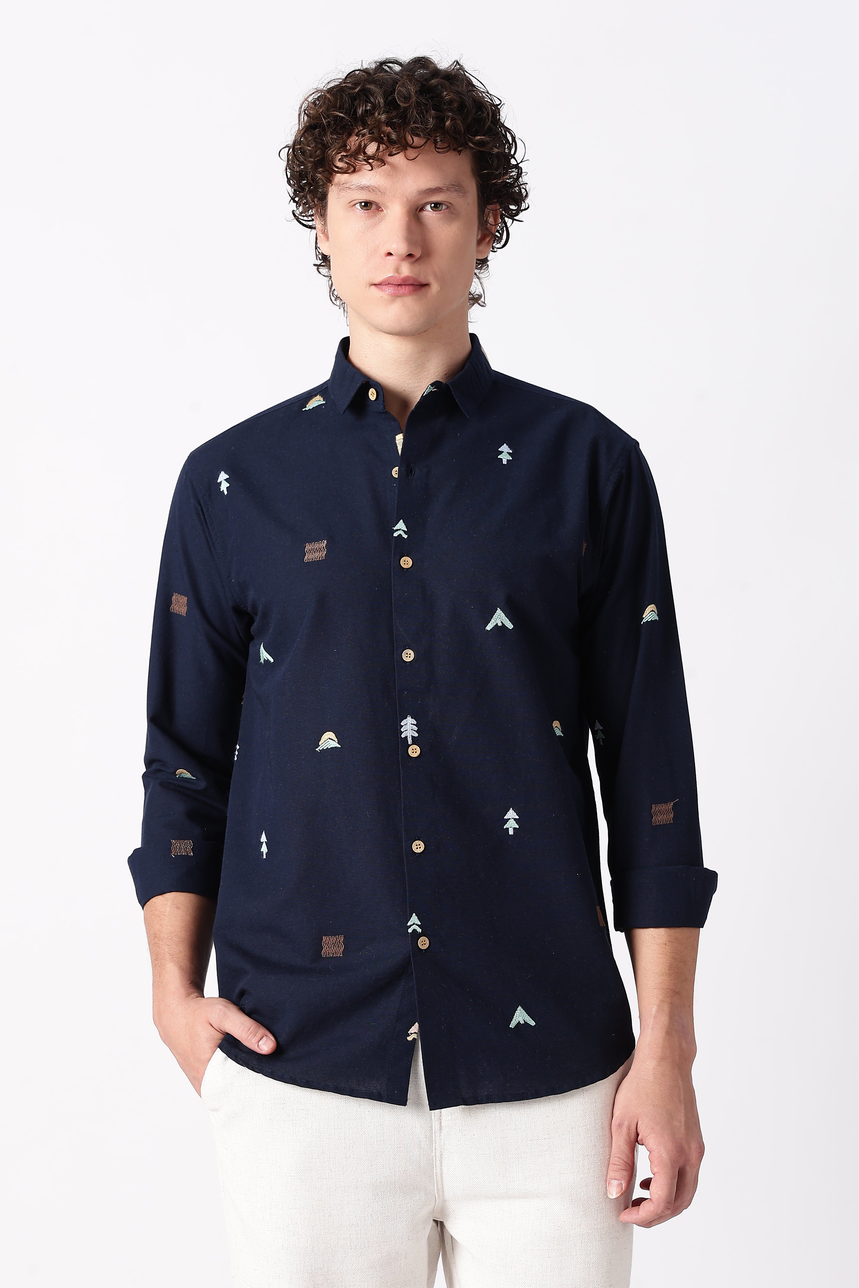 Forest Peaks Navy Embroidered Cotton Shirt