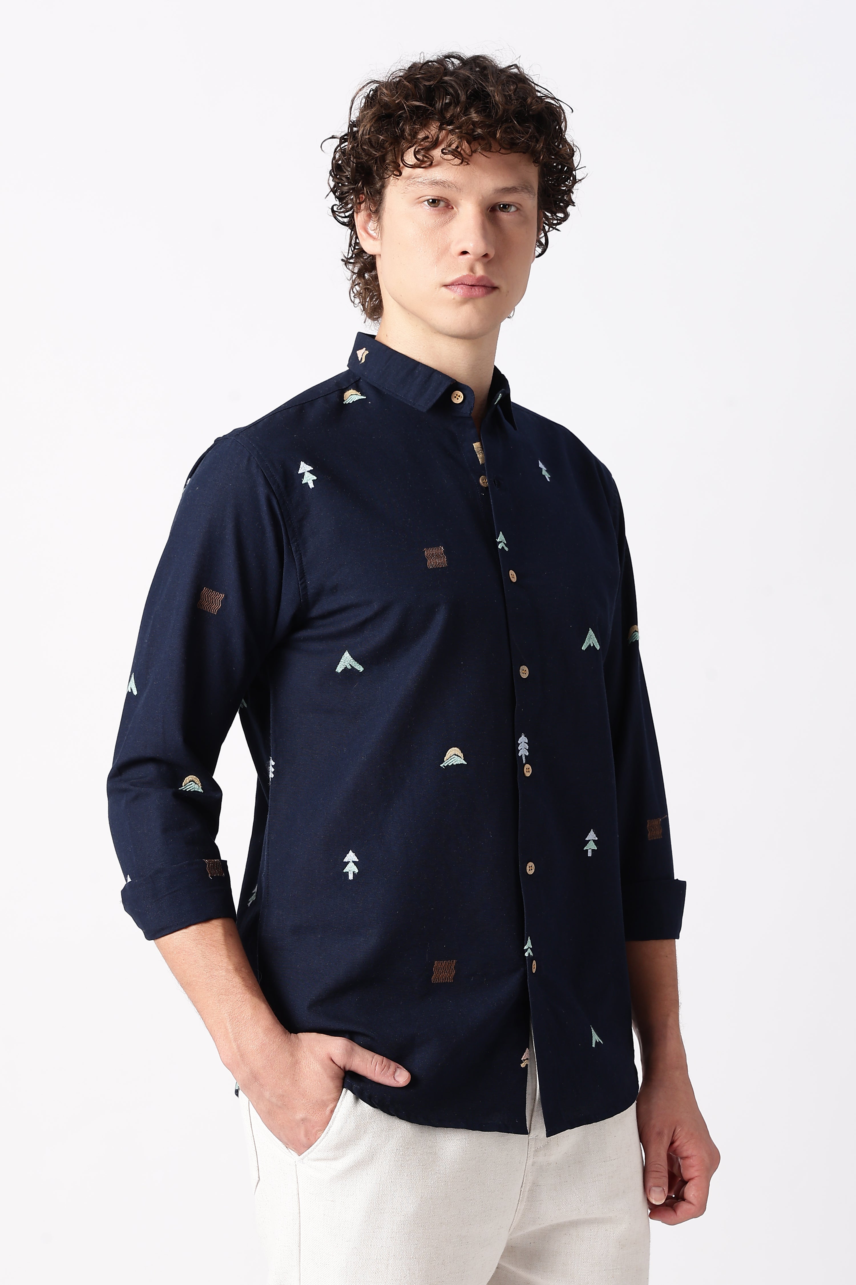 Forest Peaks Navy Embroidered Cotton Shirt