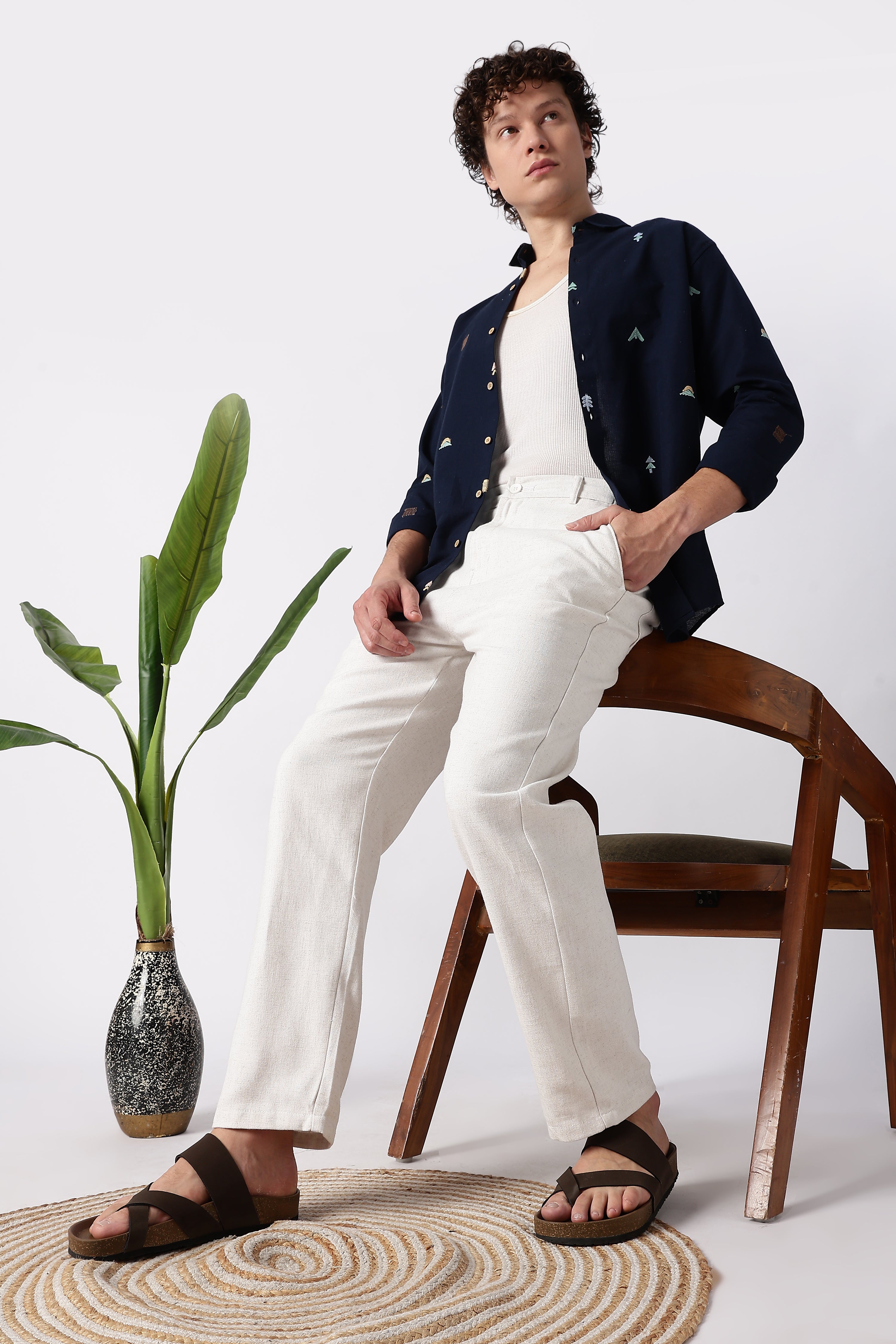 Linen-style 100% Cotton Straight Fit Cream Pant