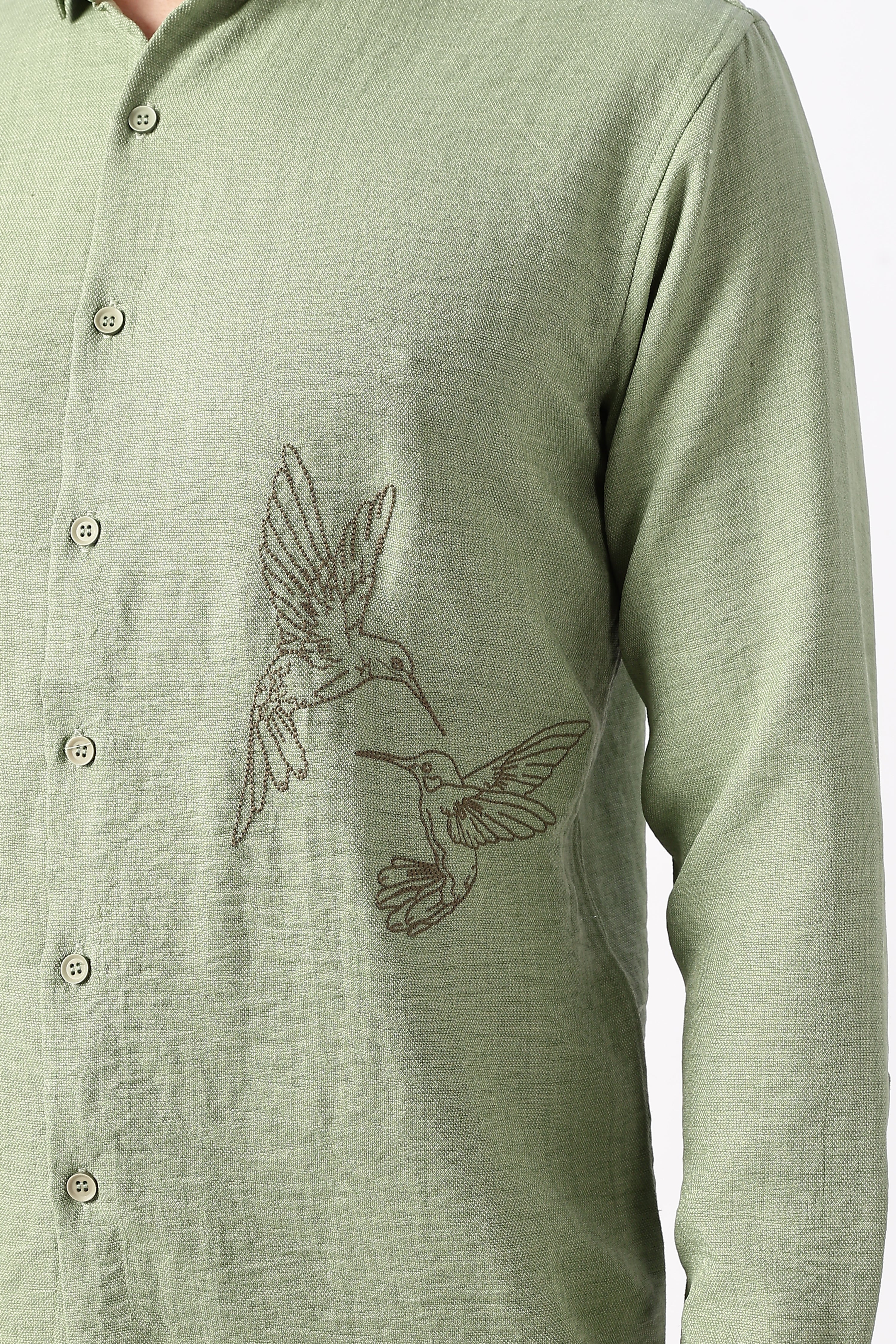 Humming(way) Birds Vienna Cotton Regular Fit Green Embroidery Shirt