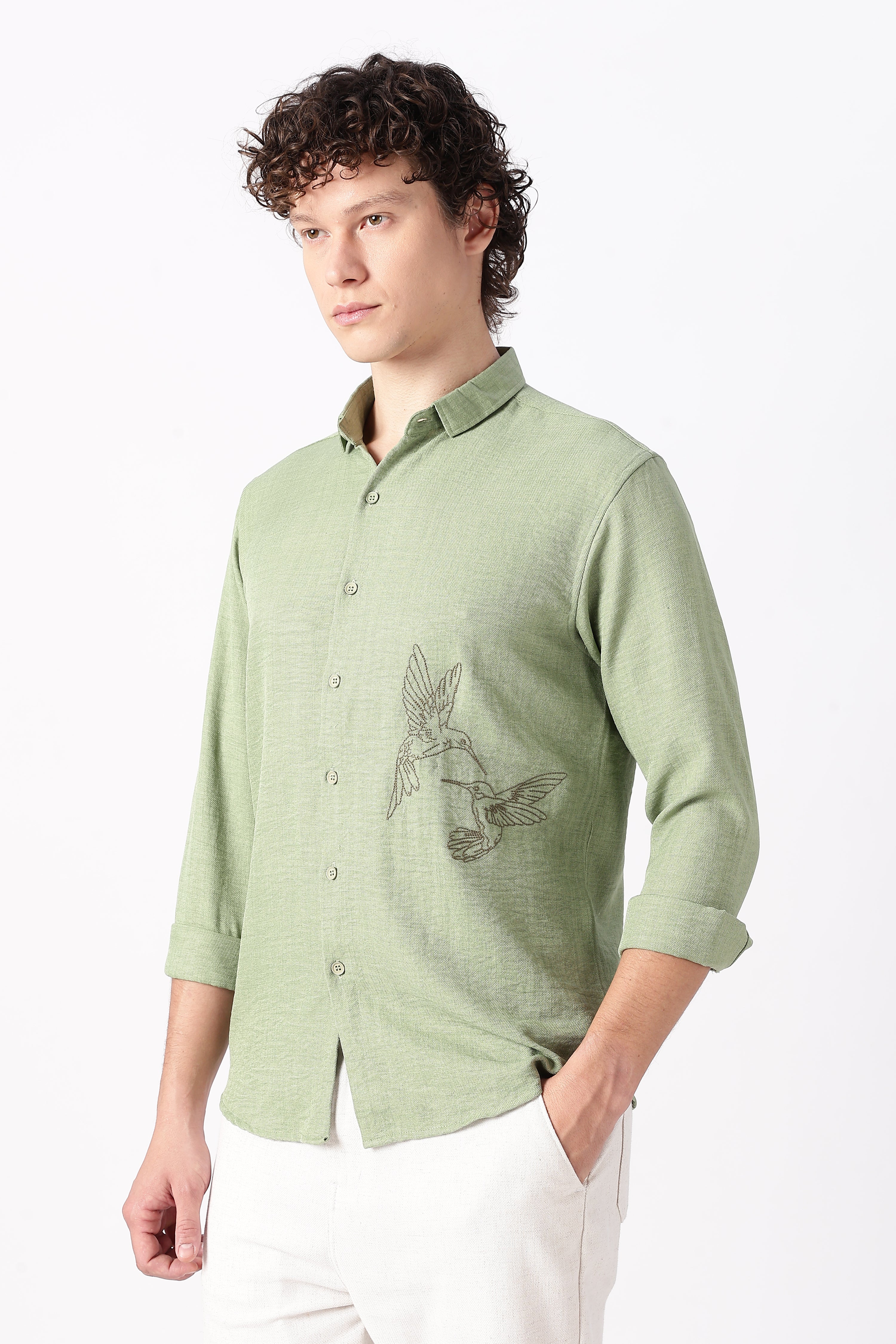 Humming(way) Birds Vienna Cotton Regular Fit Green Embroidery Shirt