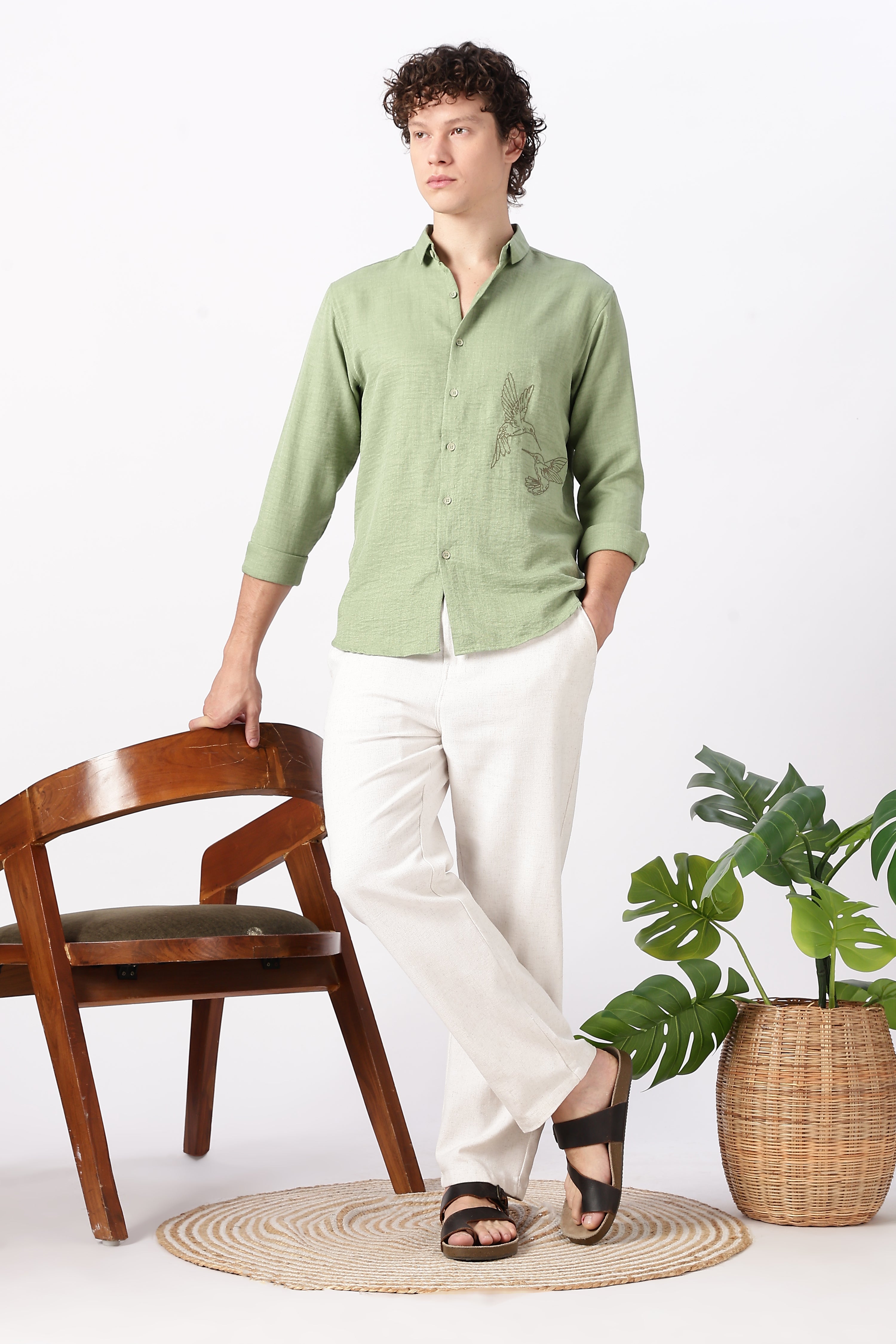 Humming(way) Birds Vienna Cotton Regular Fit Green Embroidery Shirt