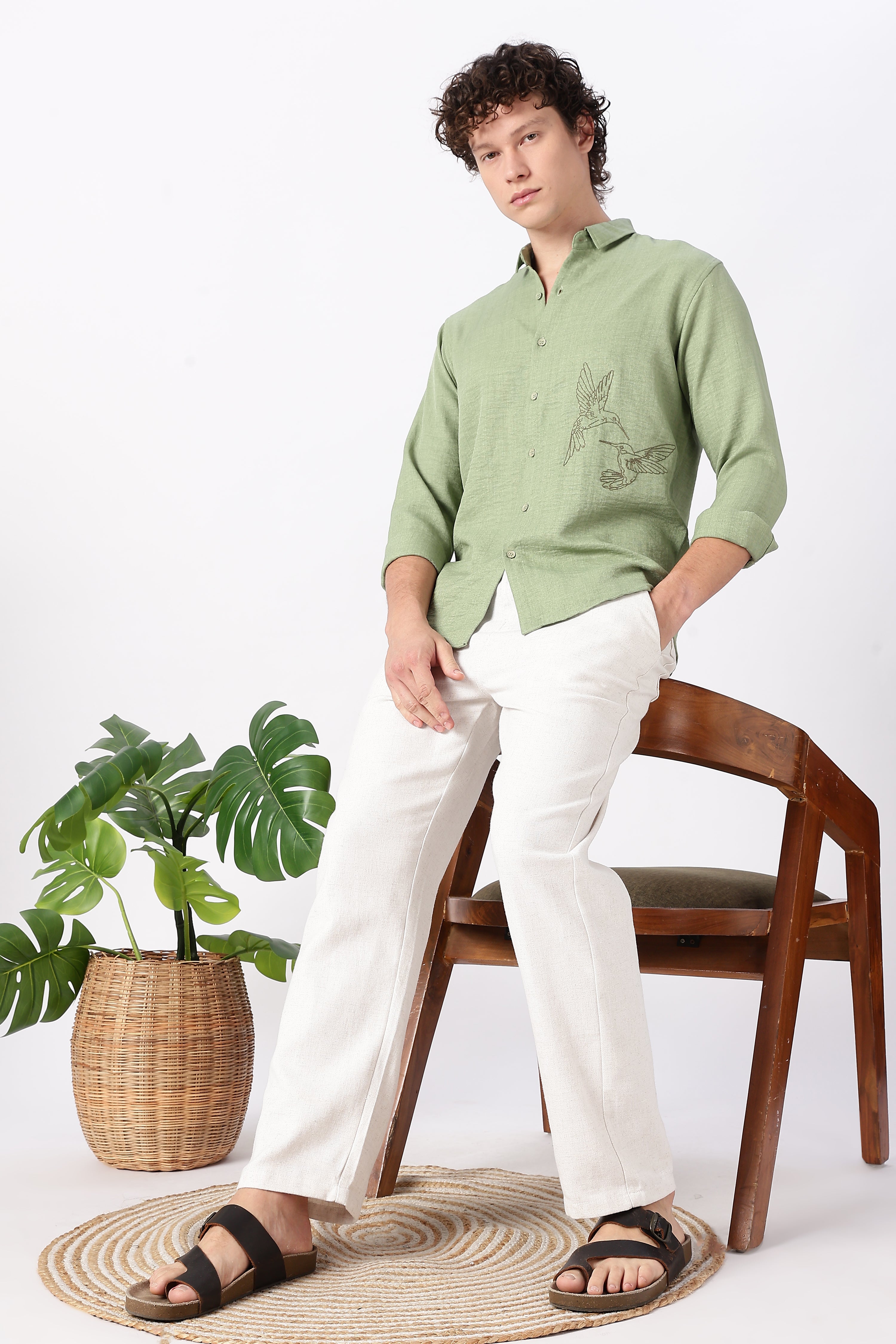 Humming(way) Birds Vienna Cotton Regular Fit Green Embroidery Shirt