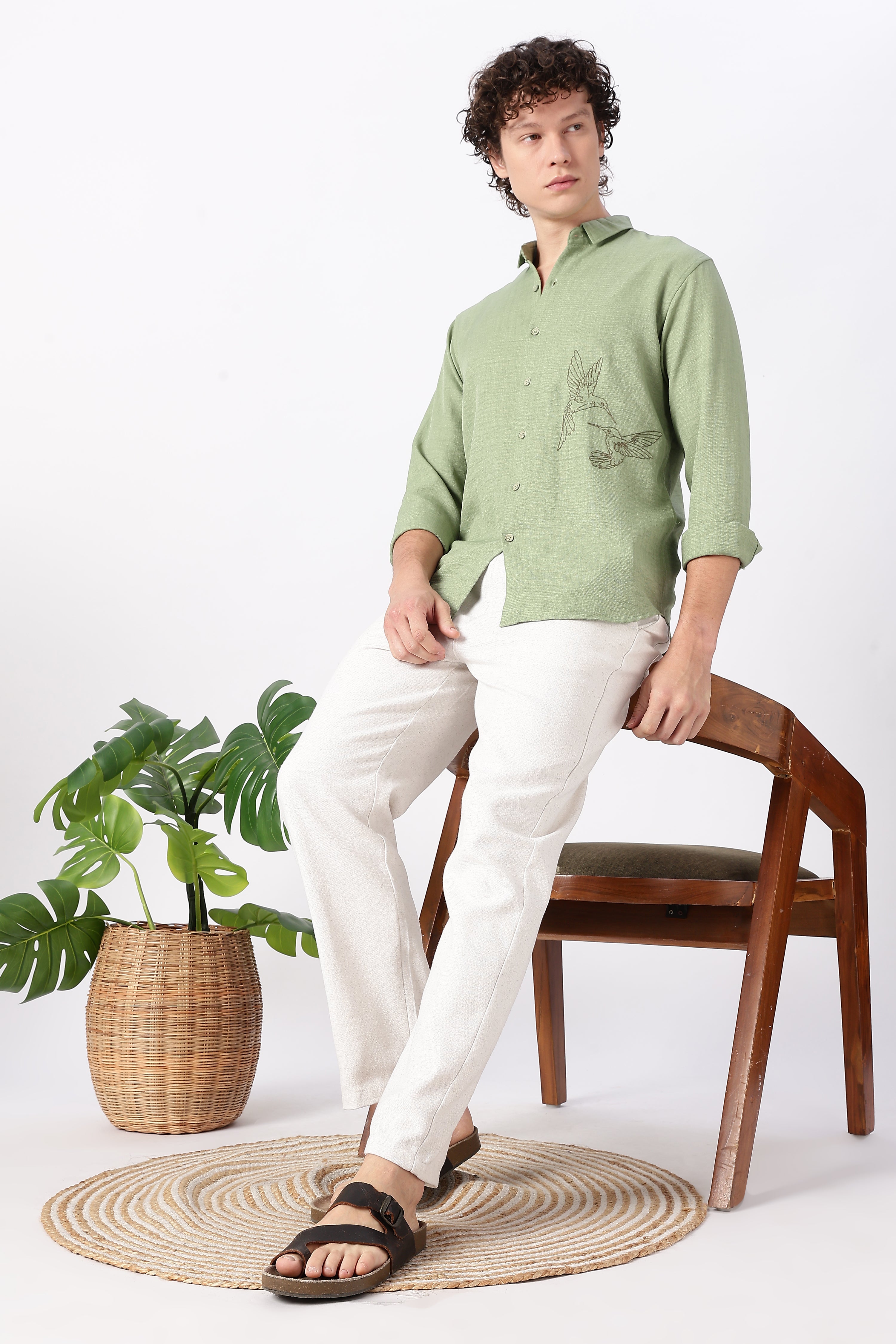 Humming(way) Birds Vienna Cotton Regular Fit Green Embroidery Shirt
