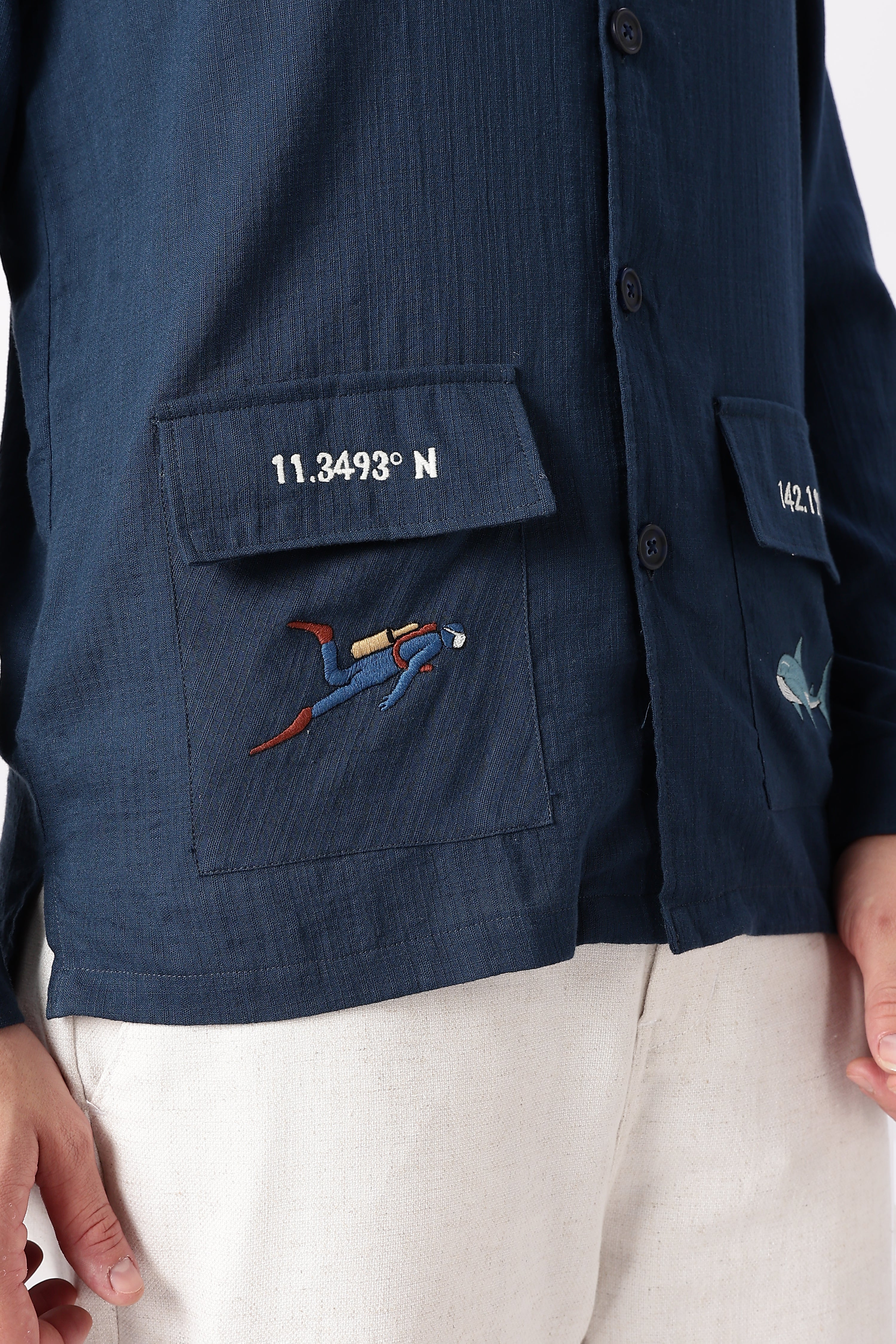 Ocean Coordinates Cotton Box Fit Navy Embroidered Shirt