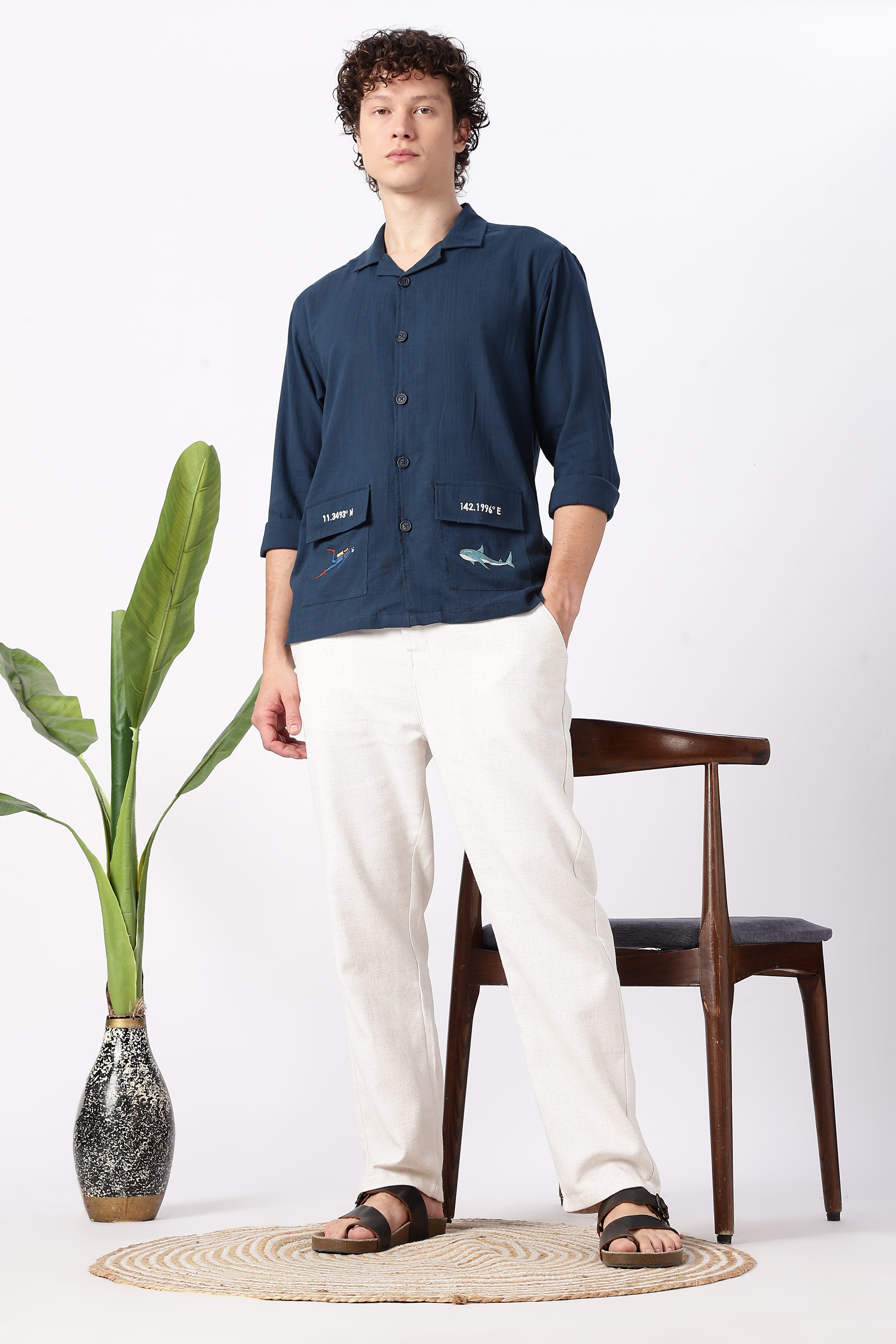 Ocean Coordinates Cotton Box Fit Navy Embroidered Shirt