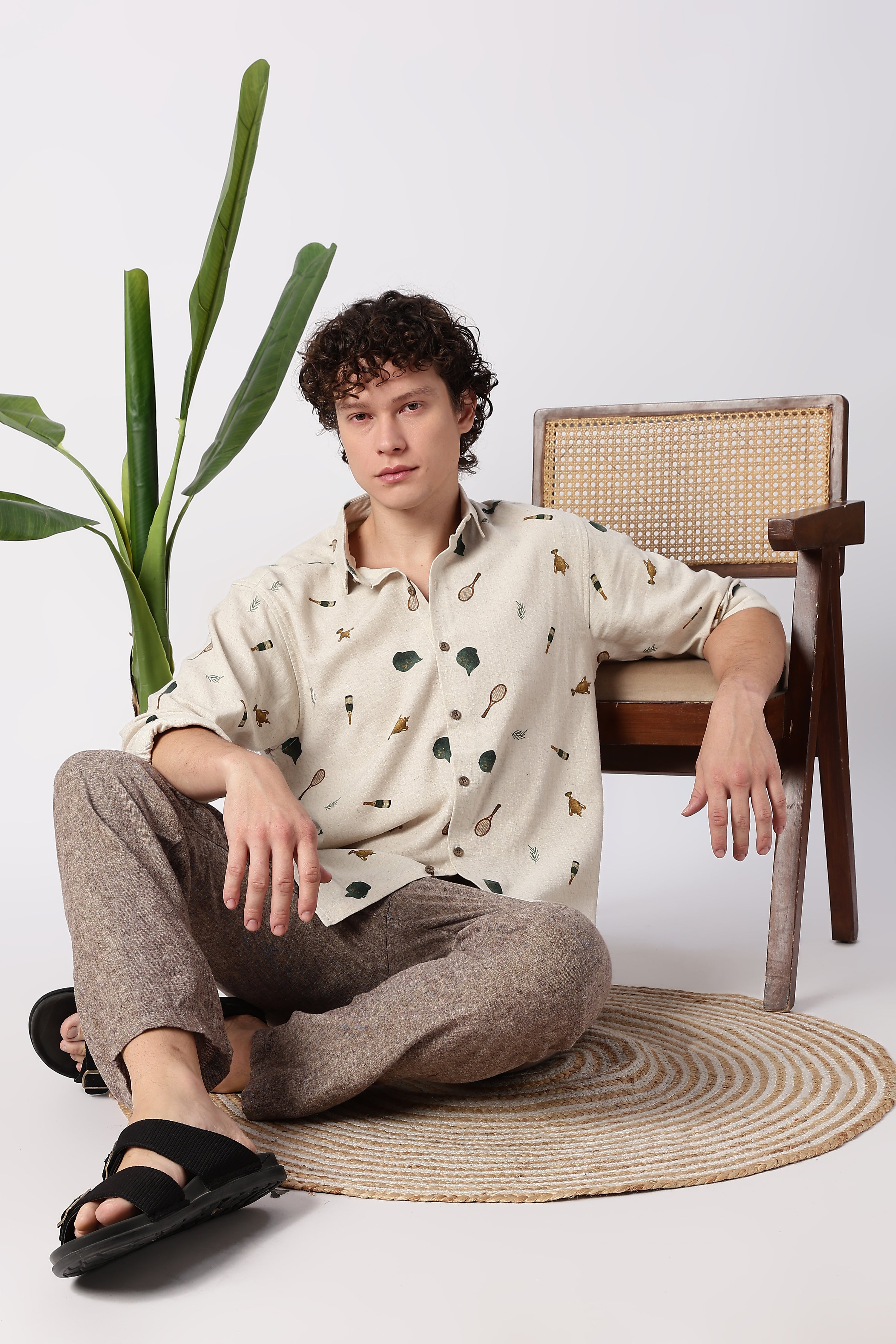 Clubhouse Story Cotton Regular Fit Beige Printed Shirt