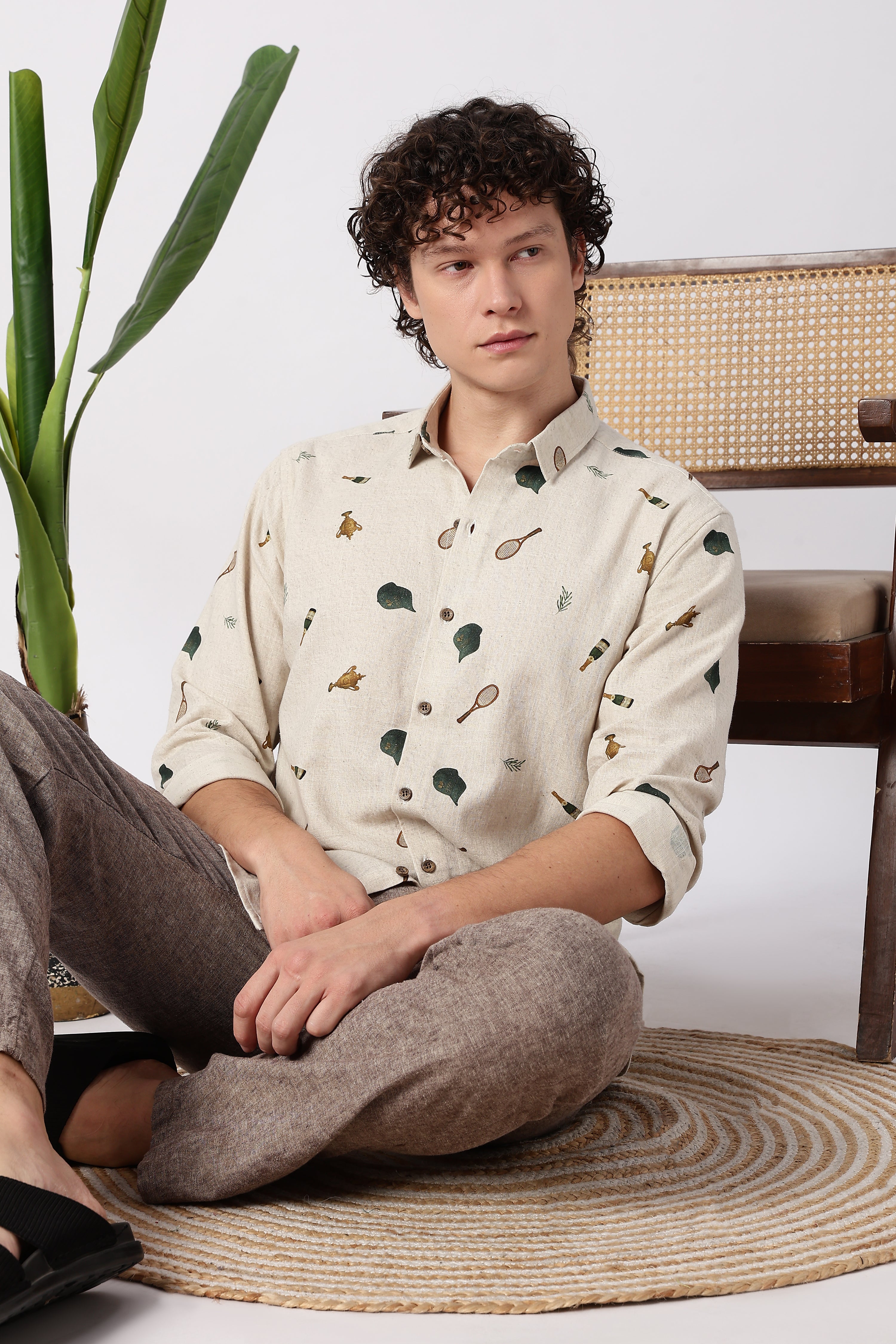 Clubhouse Story Cotton Regular Fit Beige Printed Shirt