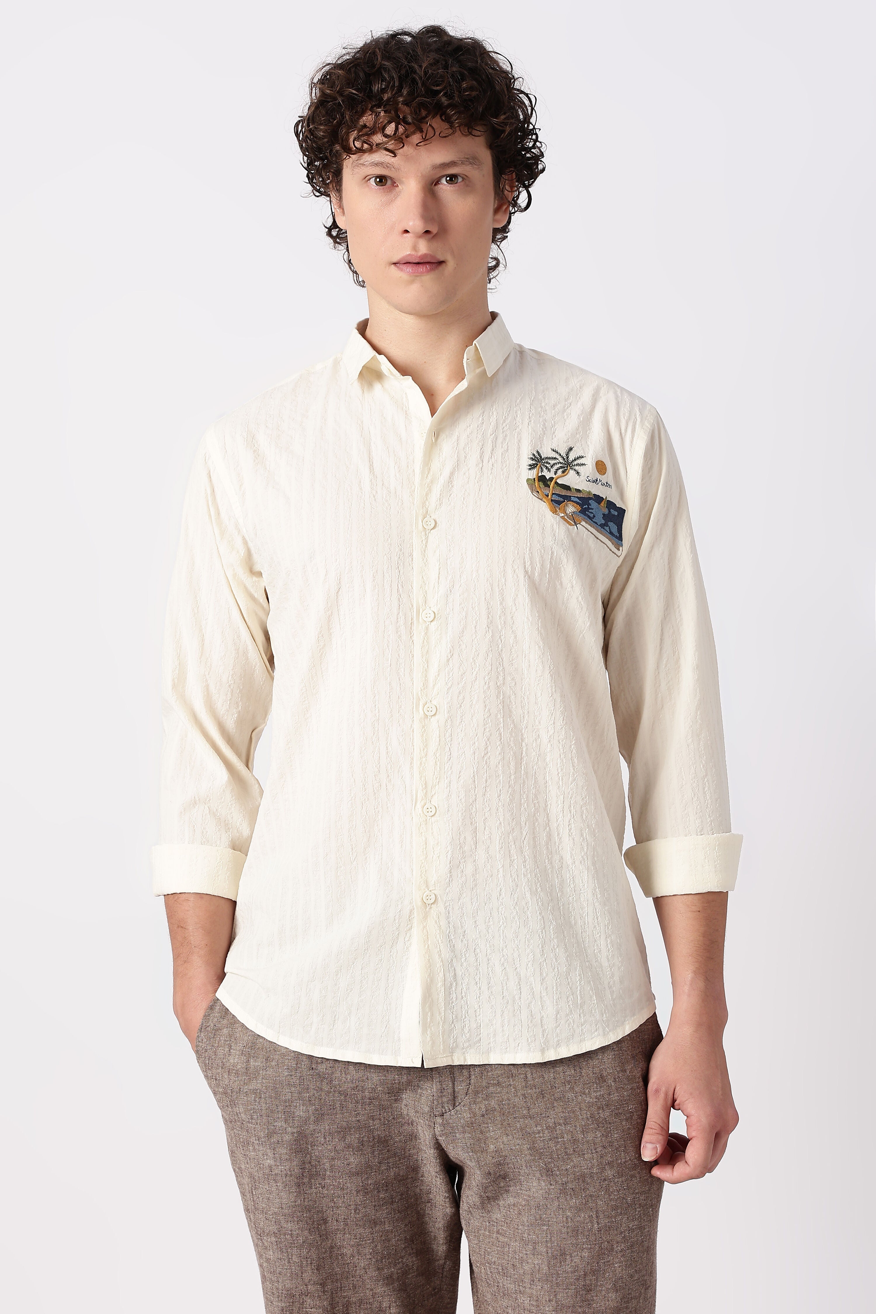 Seaside Postcard Cotton Regular Fit Cream Striped Shirt