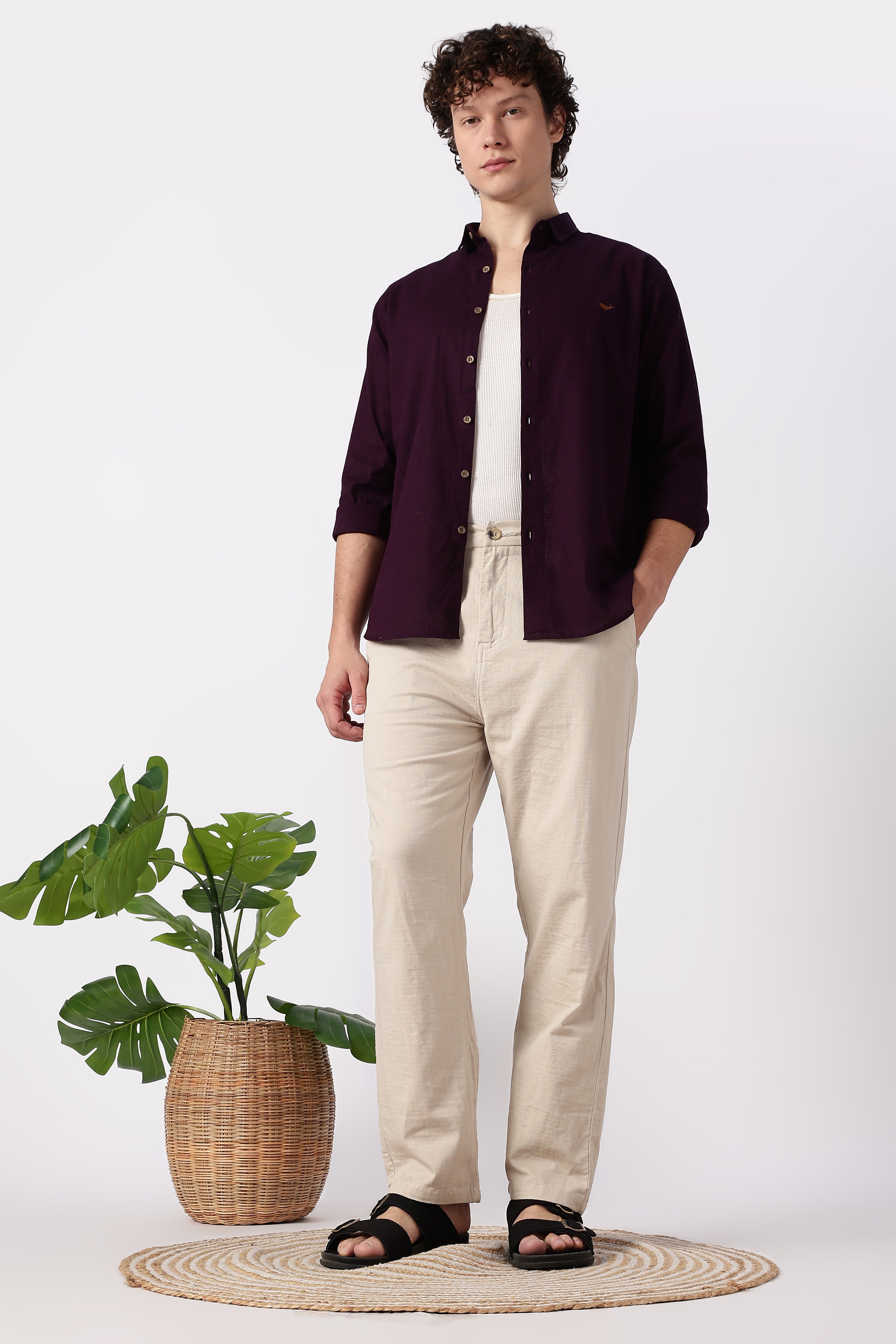 Linen-style 100% Cotton Straight Fit Beige Pant