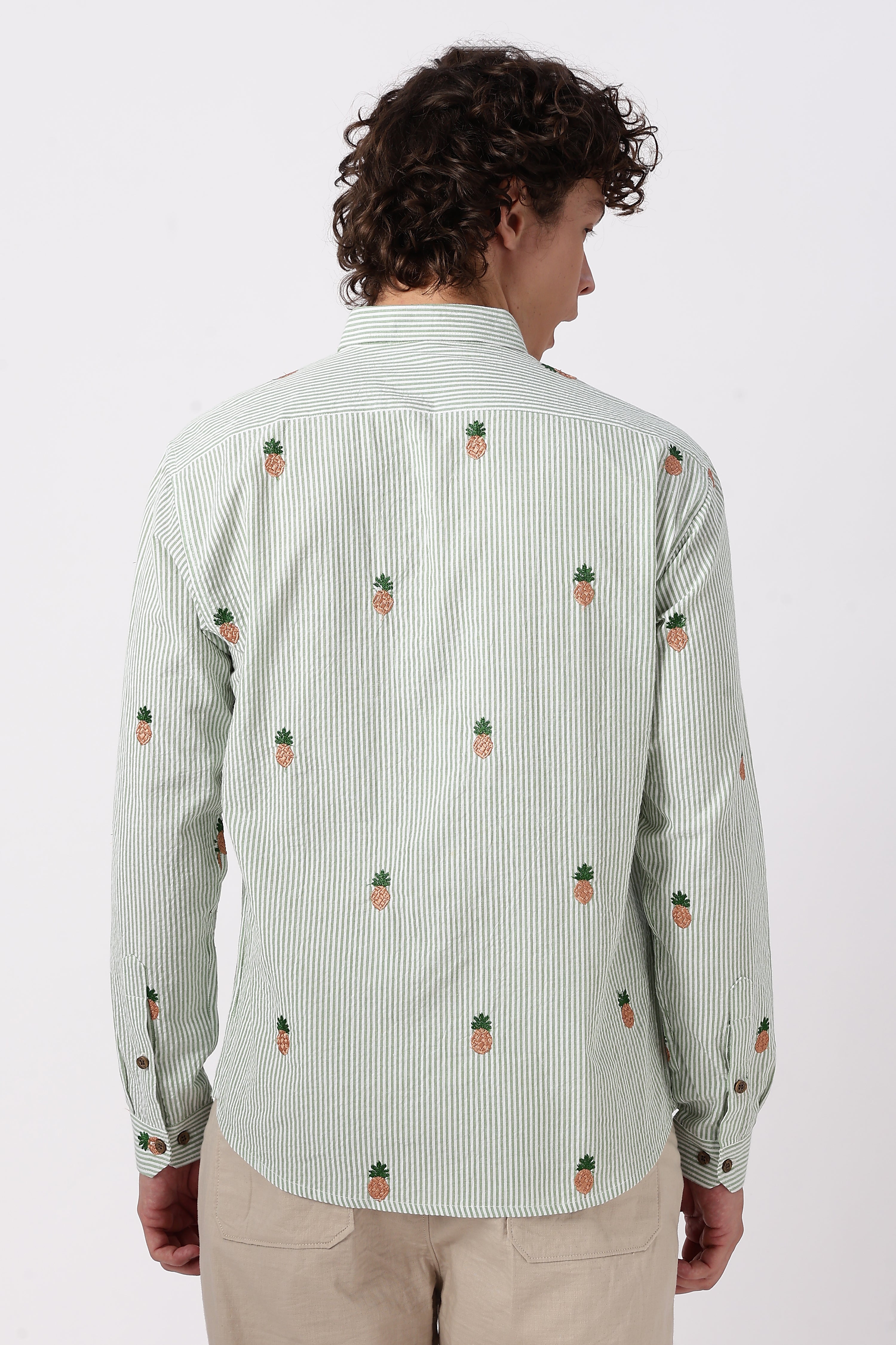 Mint Pineapple Motif Embroidered Striped Shirt