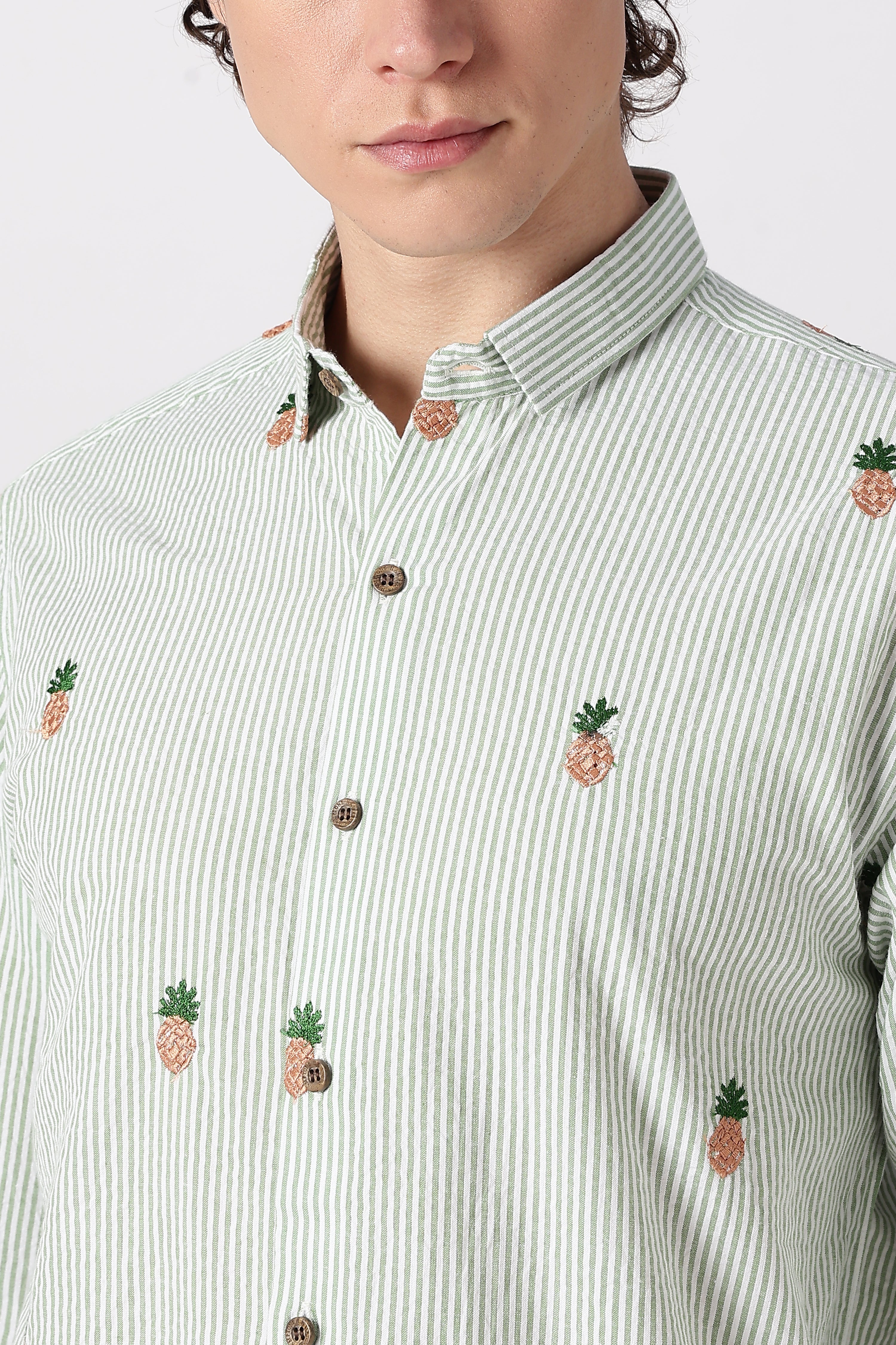 Mint Pineapple Motif Embroidered Striped Shirt