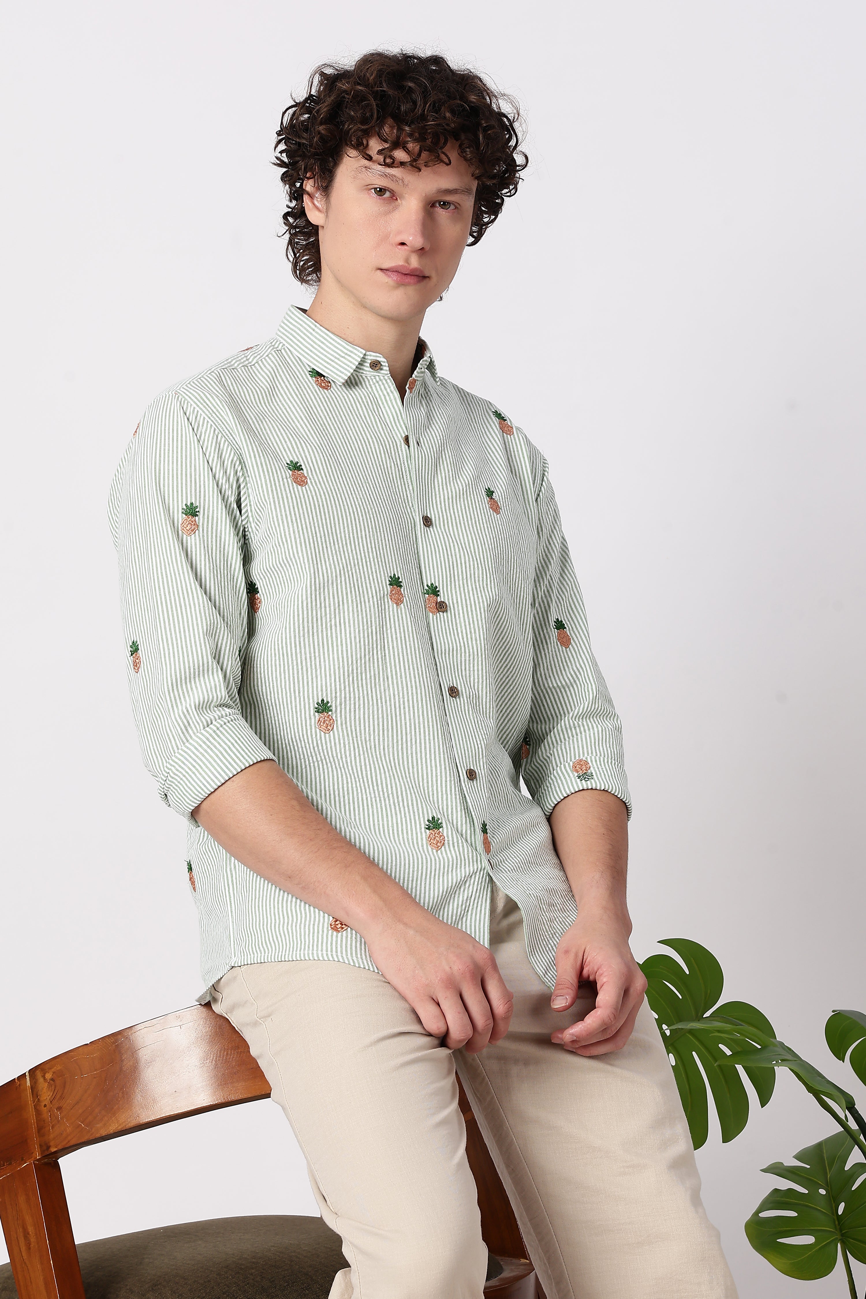 Mint Tropical Pineapple Embroidered Striped Shirt