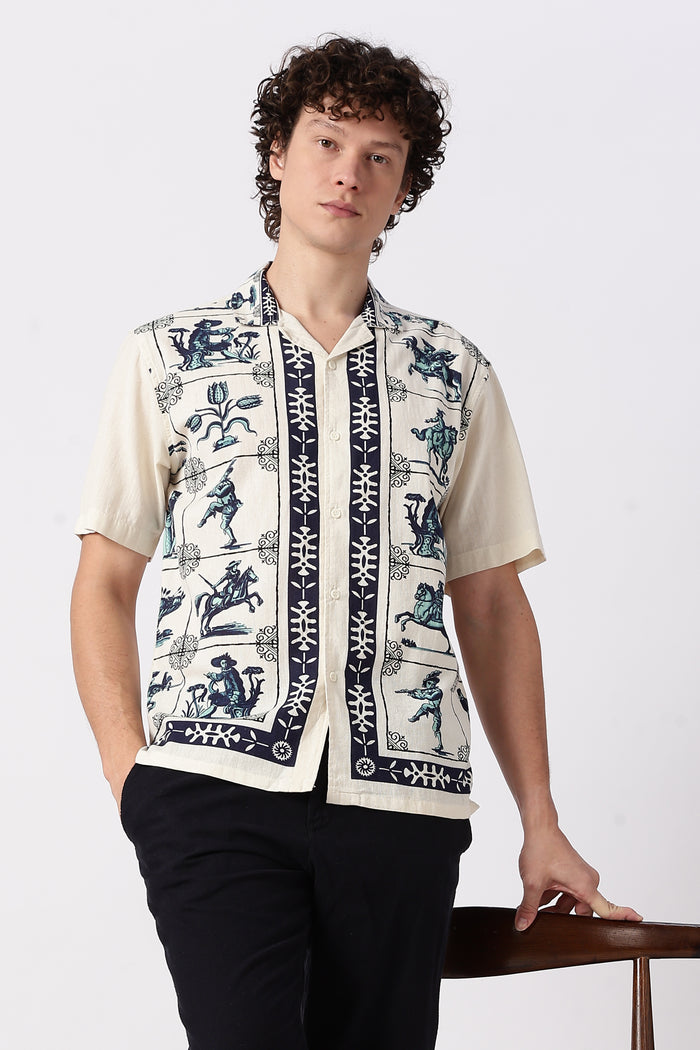 Heritage Rider Cotton Box Fit Beige Printed Shirt