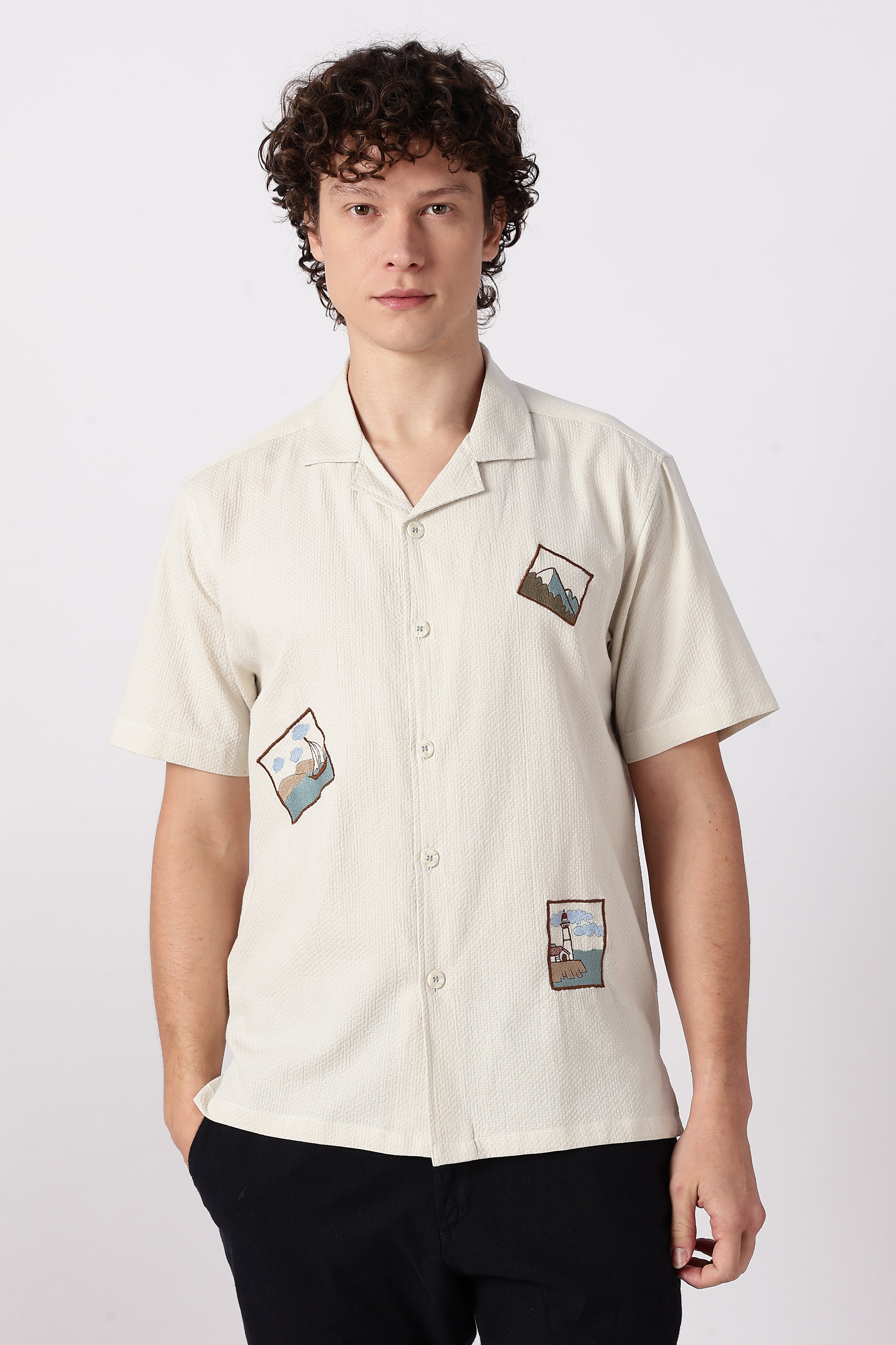 Minimal Scenic Cotton Box Fit Cream Embroidered Shirt