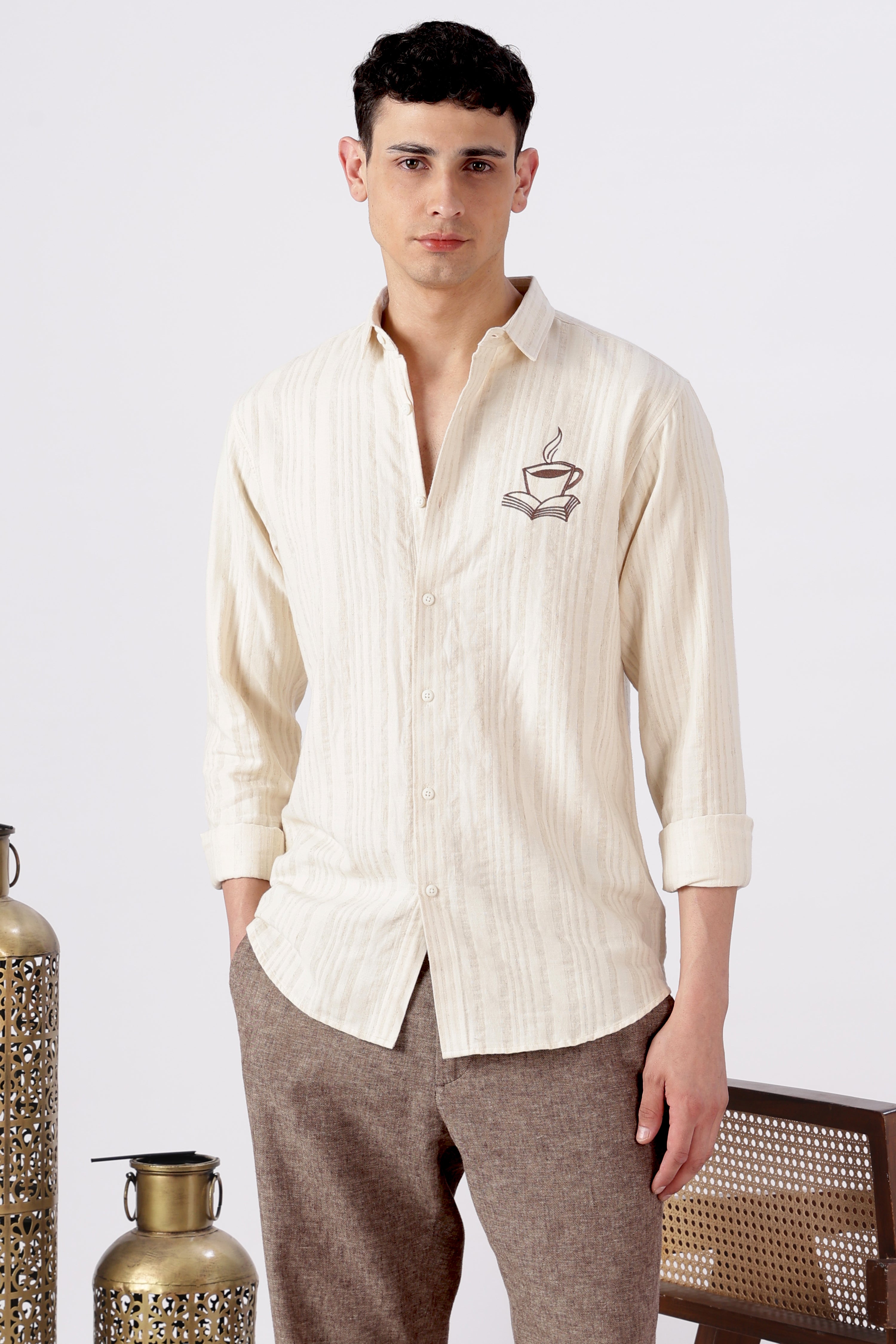 Brew & Books Embroidered Striped Shirt