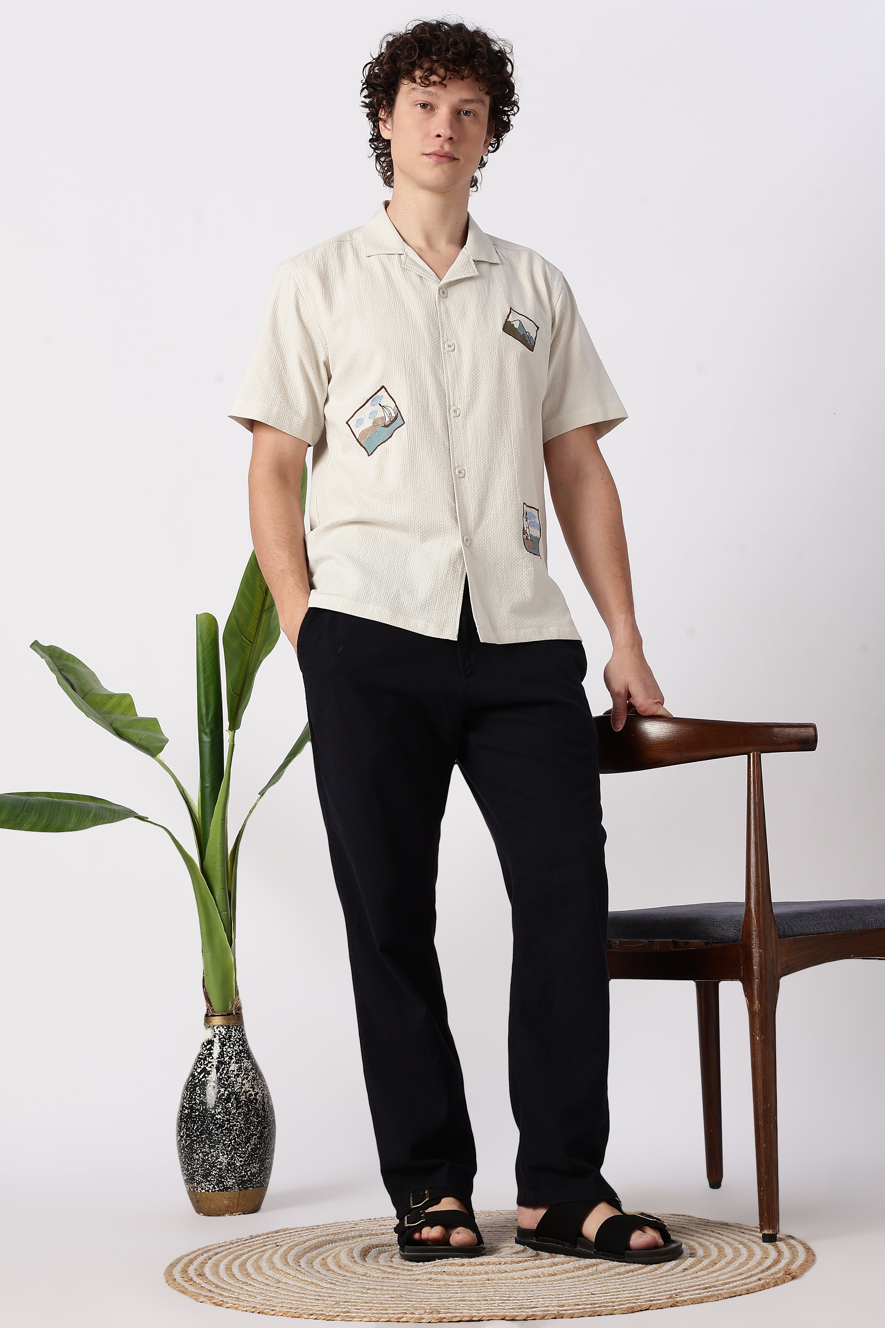 Minimal Scenic Cotton Box Fit Cream Embroidered Shirt