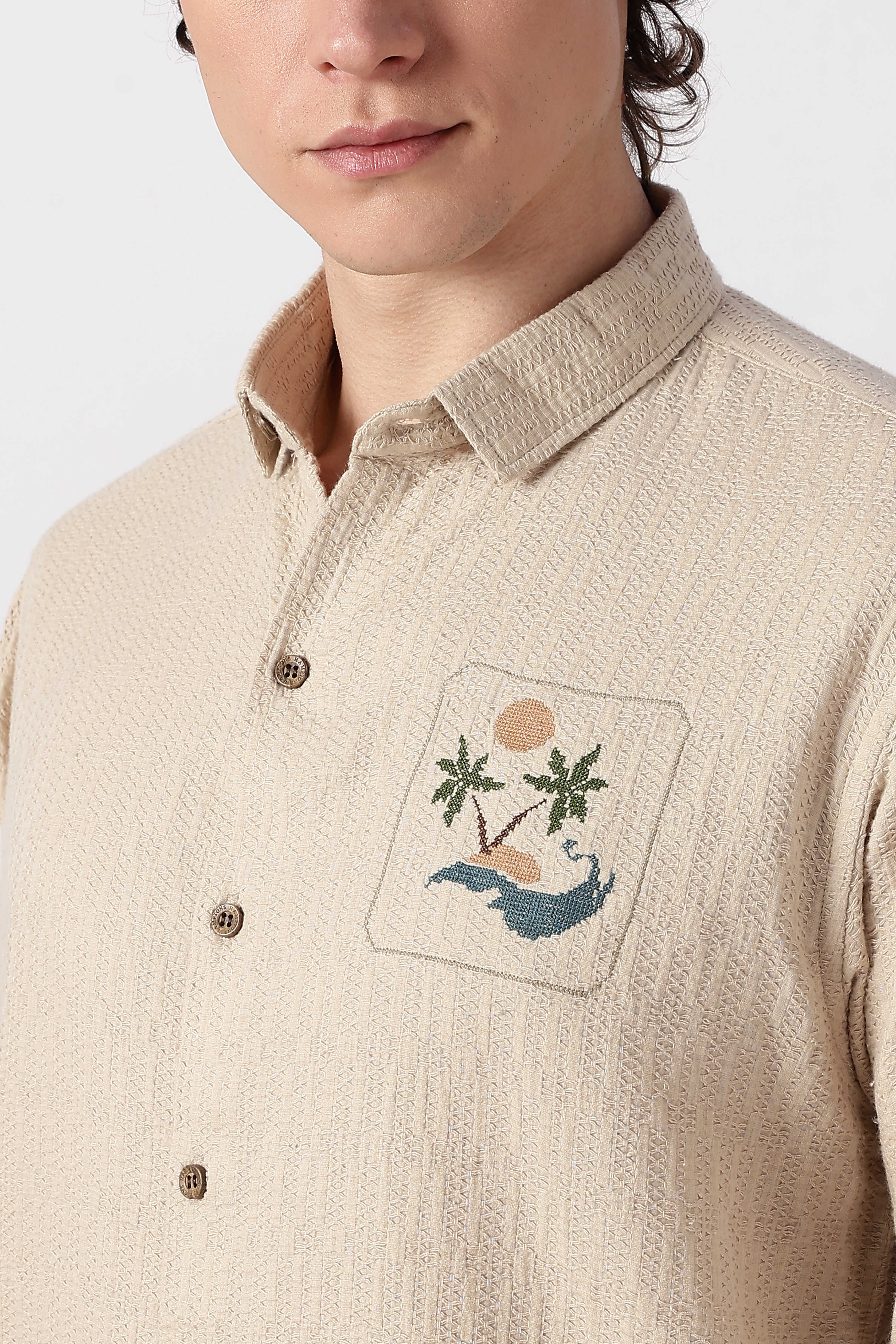 Sunset Cove Cotton Regular Fit Beige Embroidered Shirt