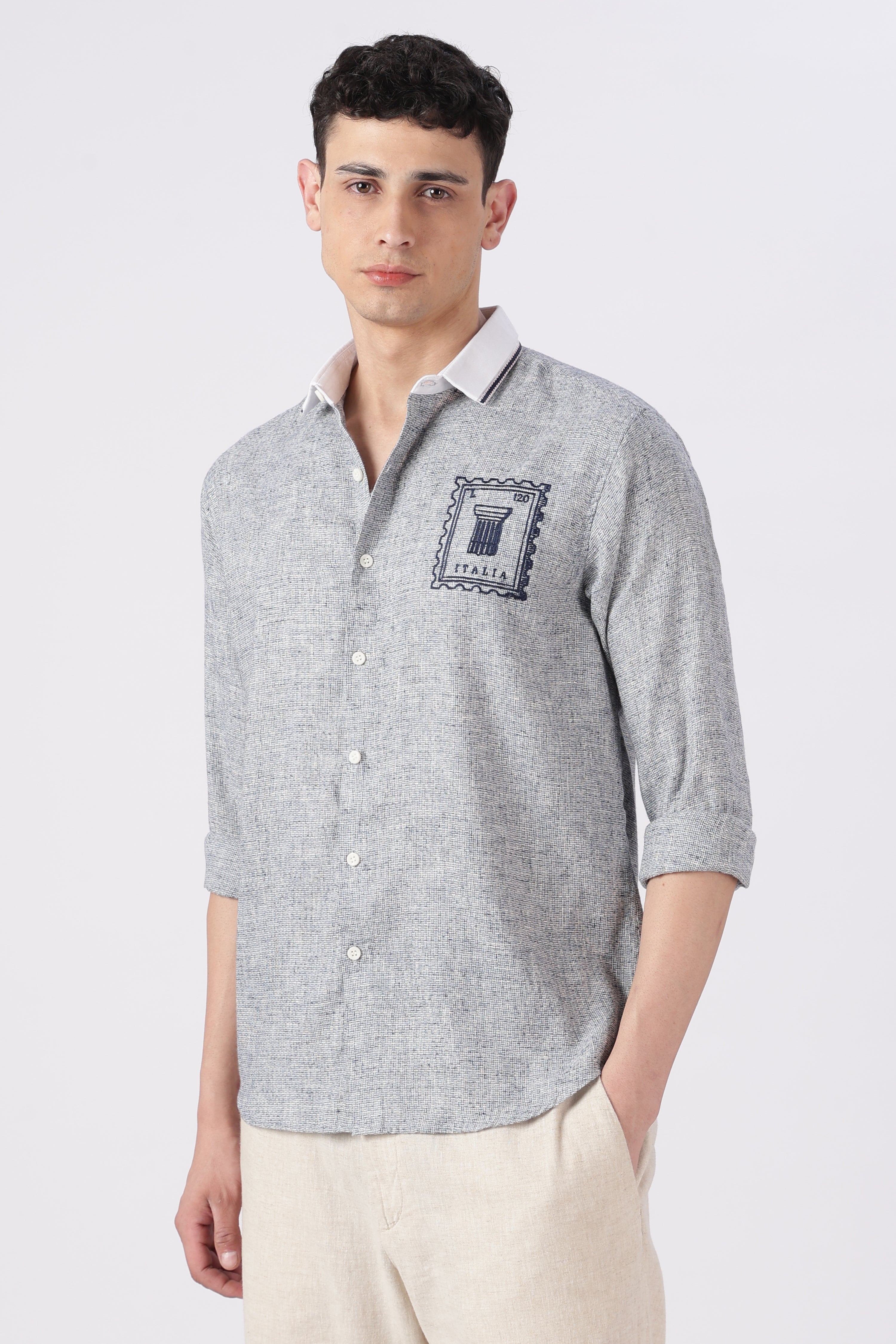 Italia Postmark Grey Embroidered Shirt