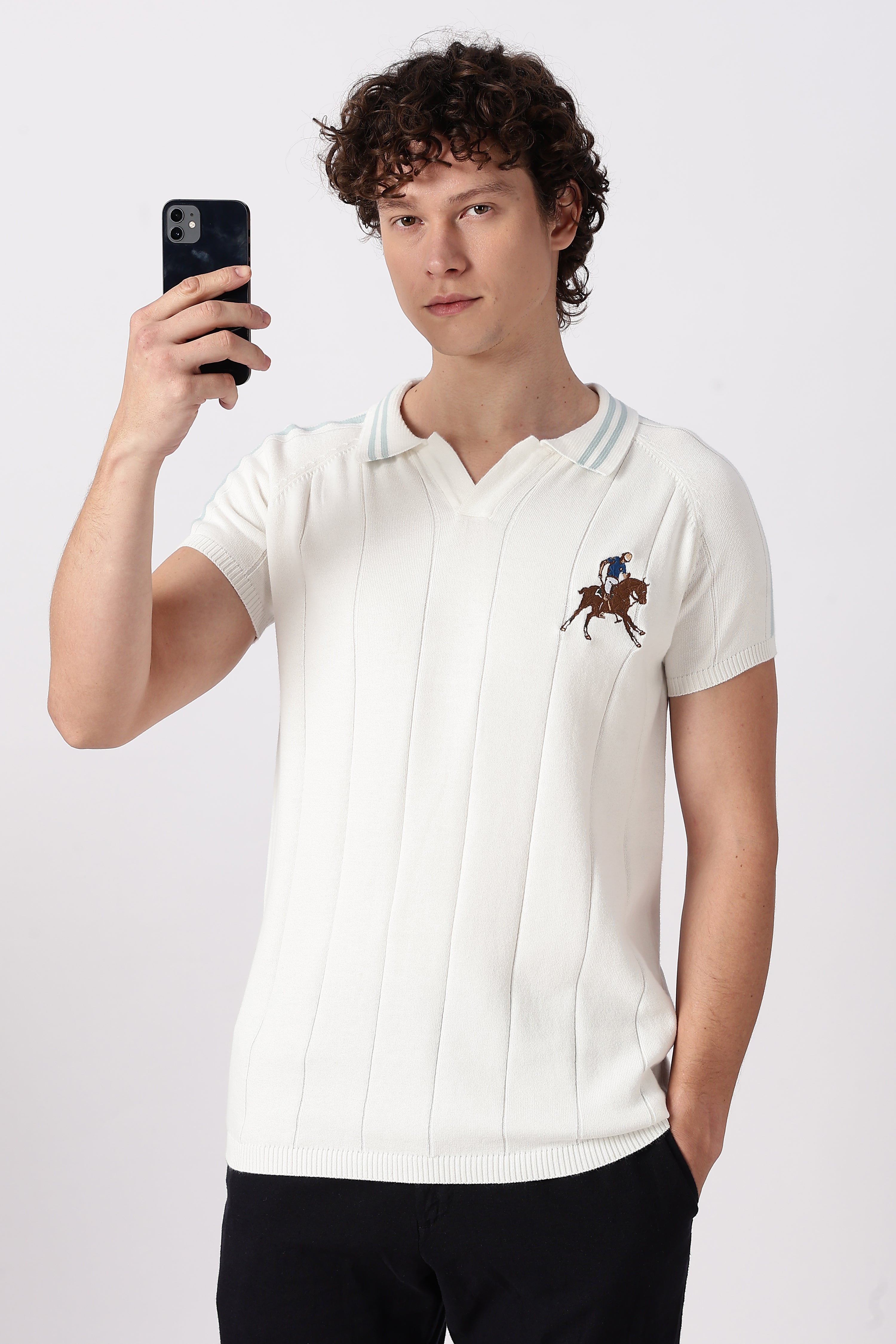 White Equestrian Rider Knit Polo