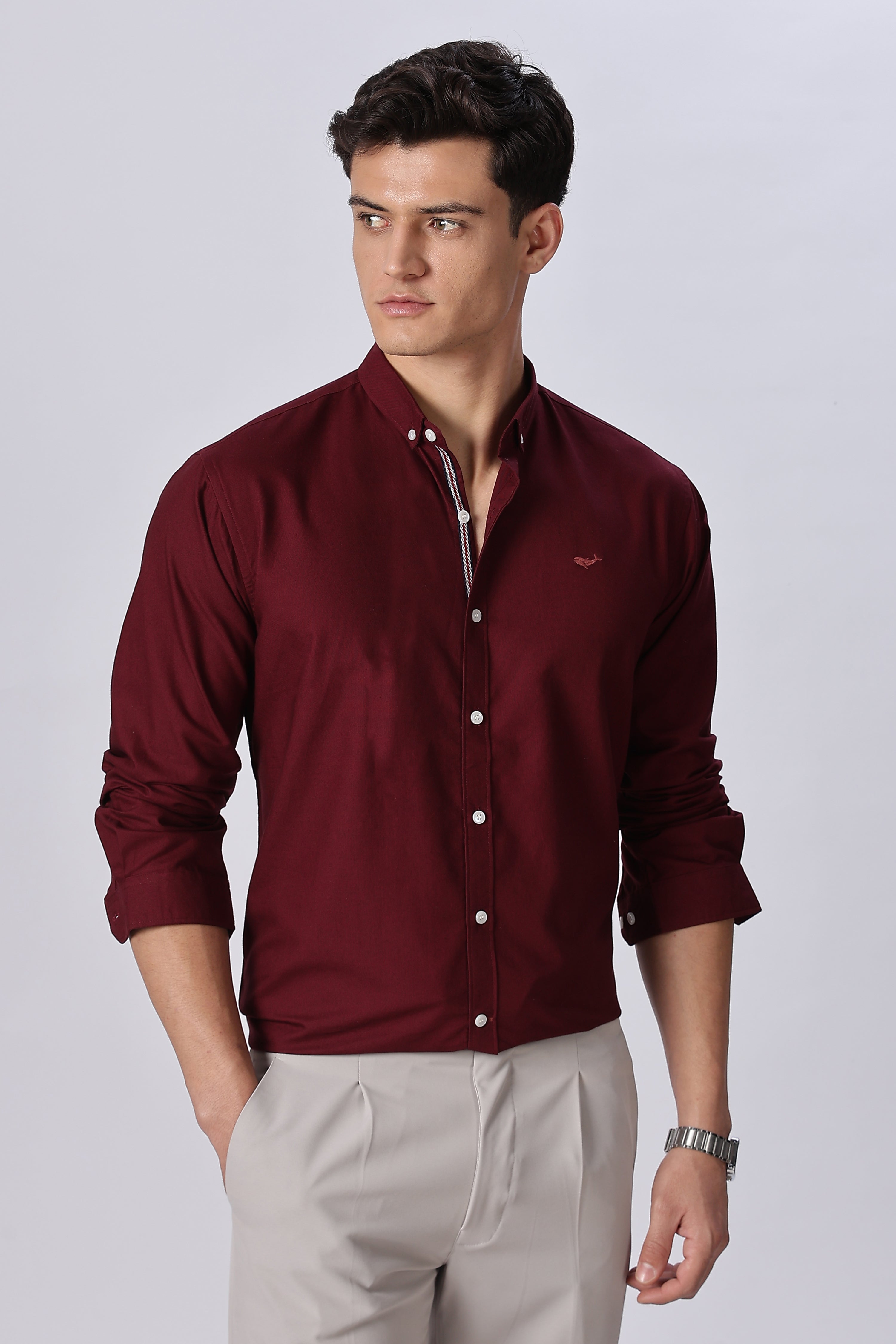 Bordeaux maroon Pre-washed Oxford Shirt