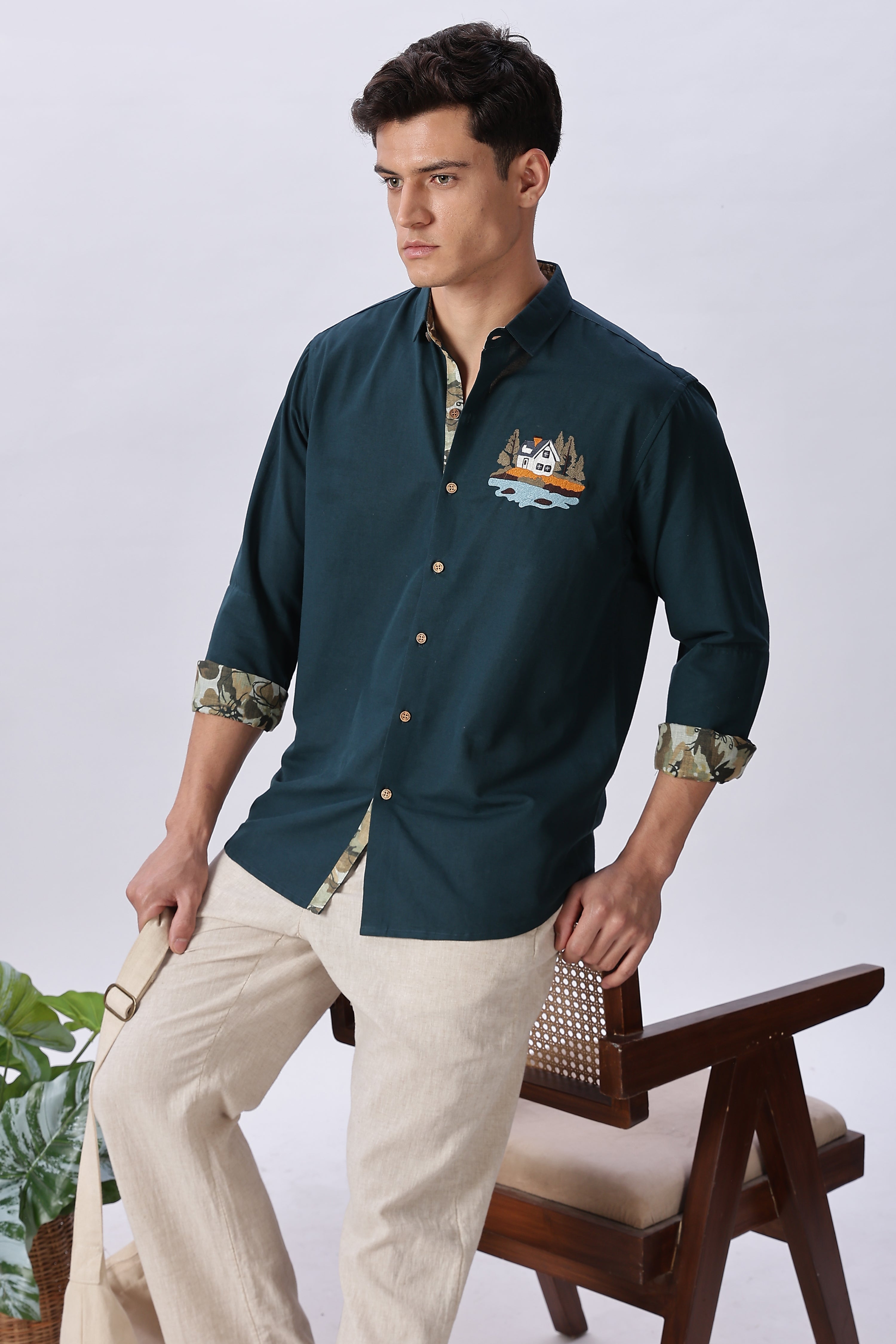 Lakeside Forest Cabin Embroidered Cotton Shirt