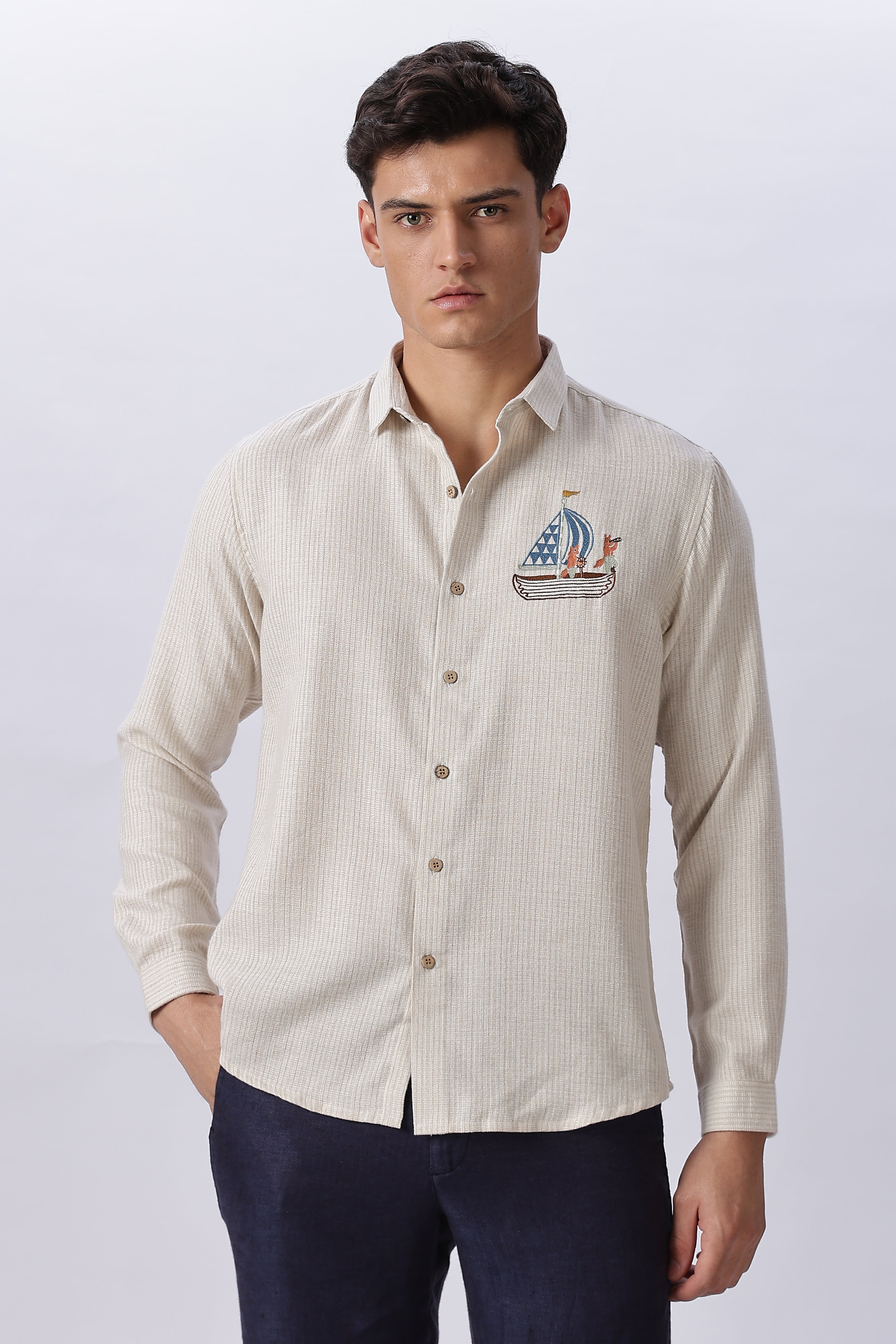 Vasco Da Gama Cotton Regular Fit Beige Embroidered Shirt