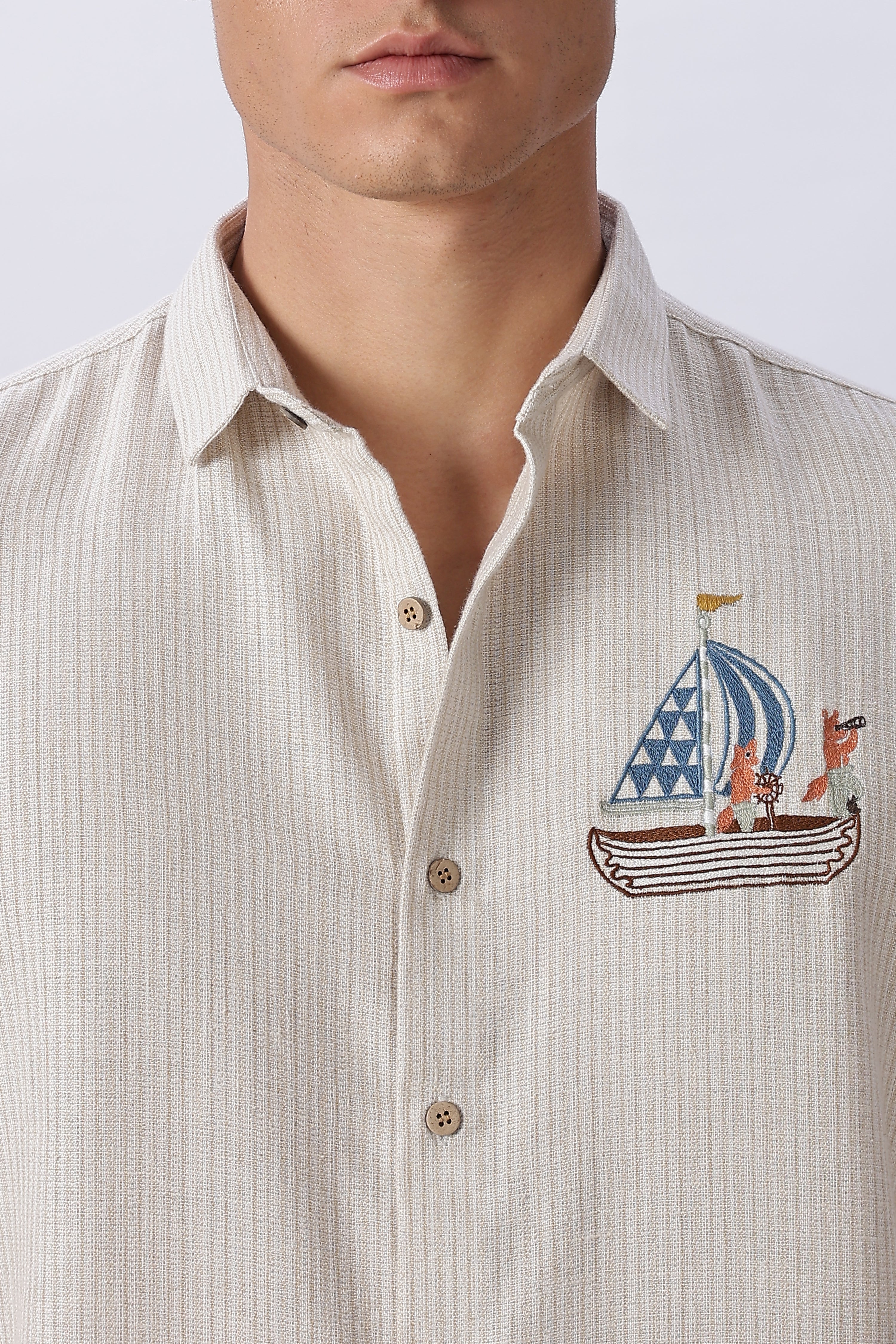 Vasco Da Gama 100% Cotton Regular Fit Beige Embroidered Shirt