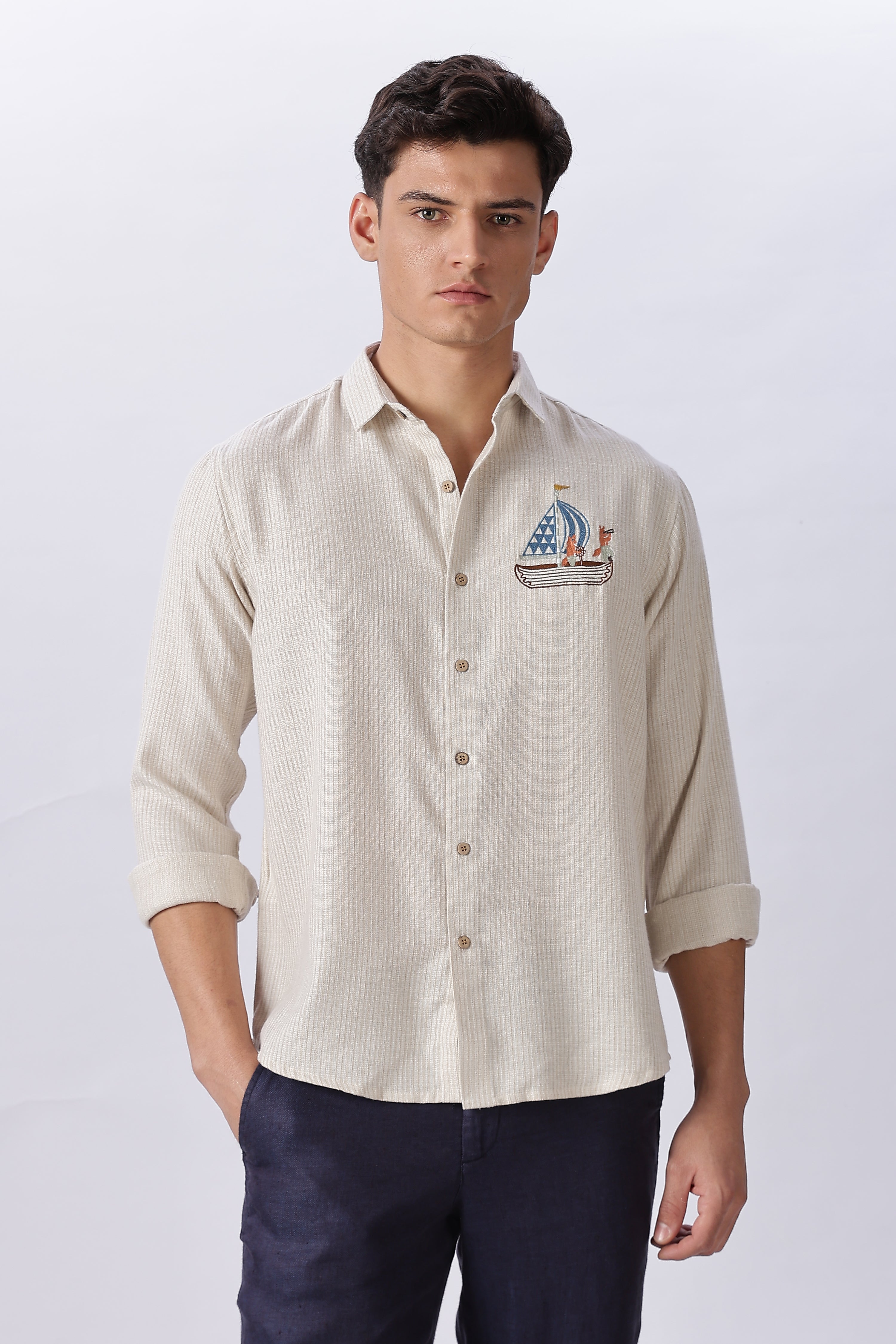 Vasco Da Gama 100% Cotton Regular Fit Beige Embroidered Shirt