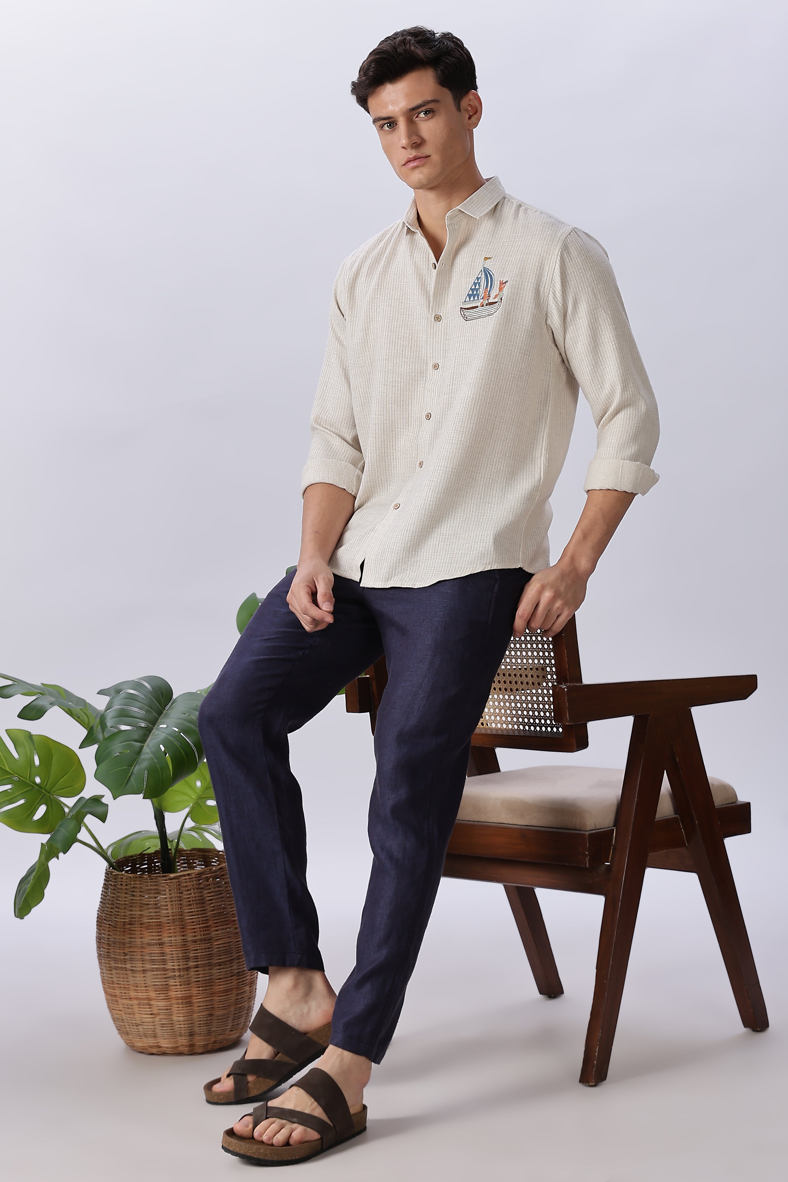 Vasco Da Gama 100% Cotton Regular Fit Beige Embroidered Shirt