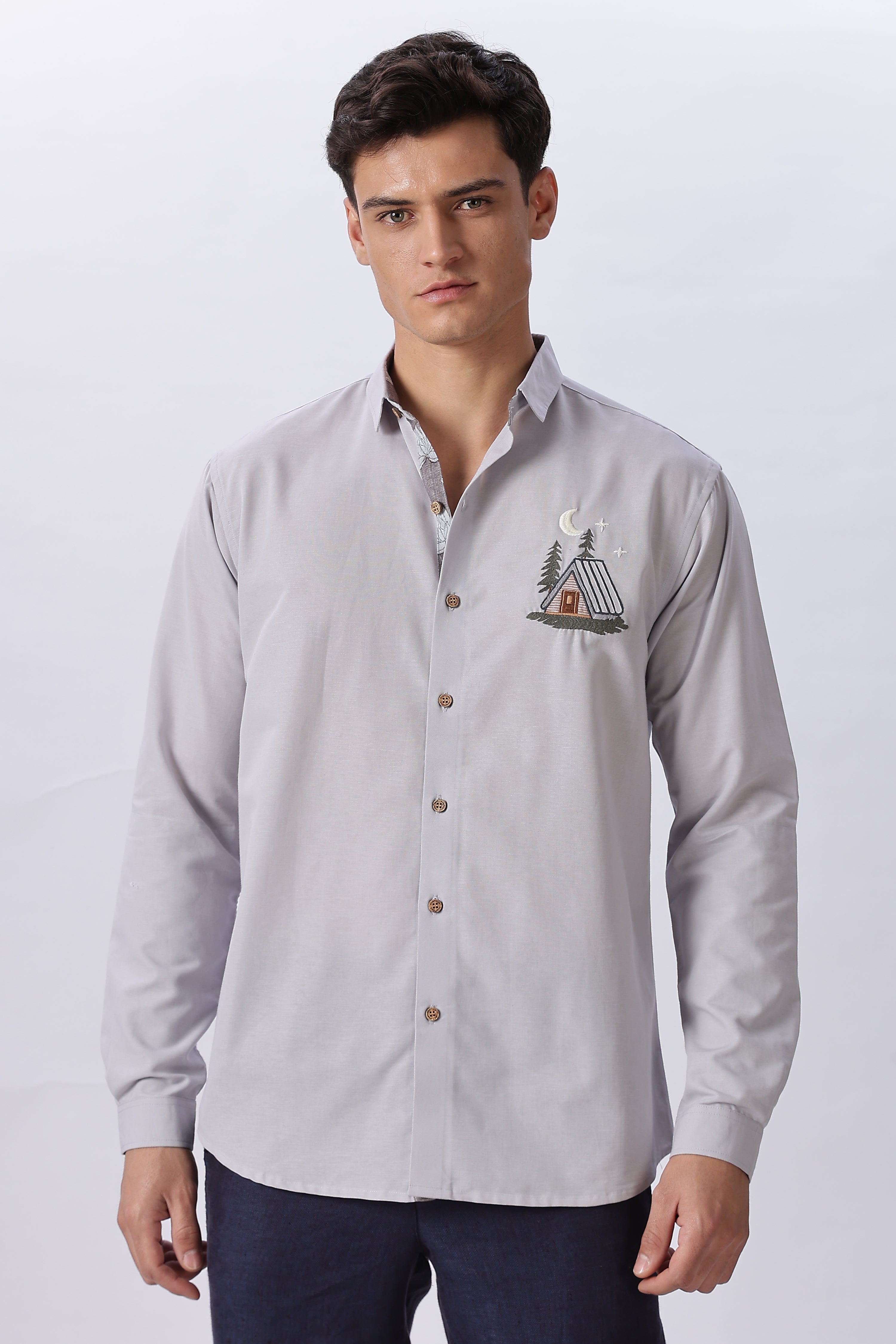 Moonlit Cabin Embroidered Cotton Shirt
