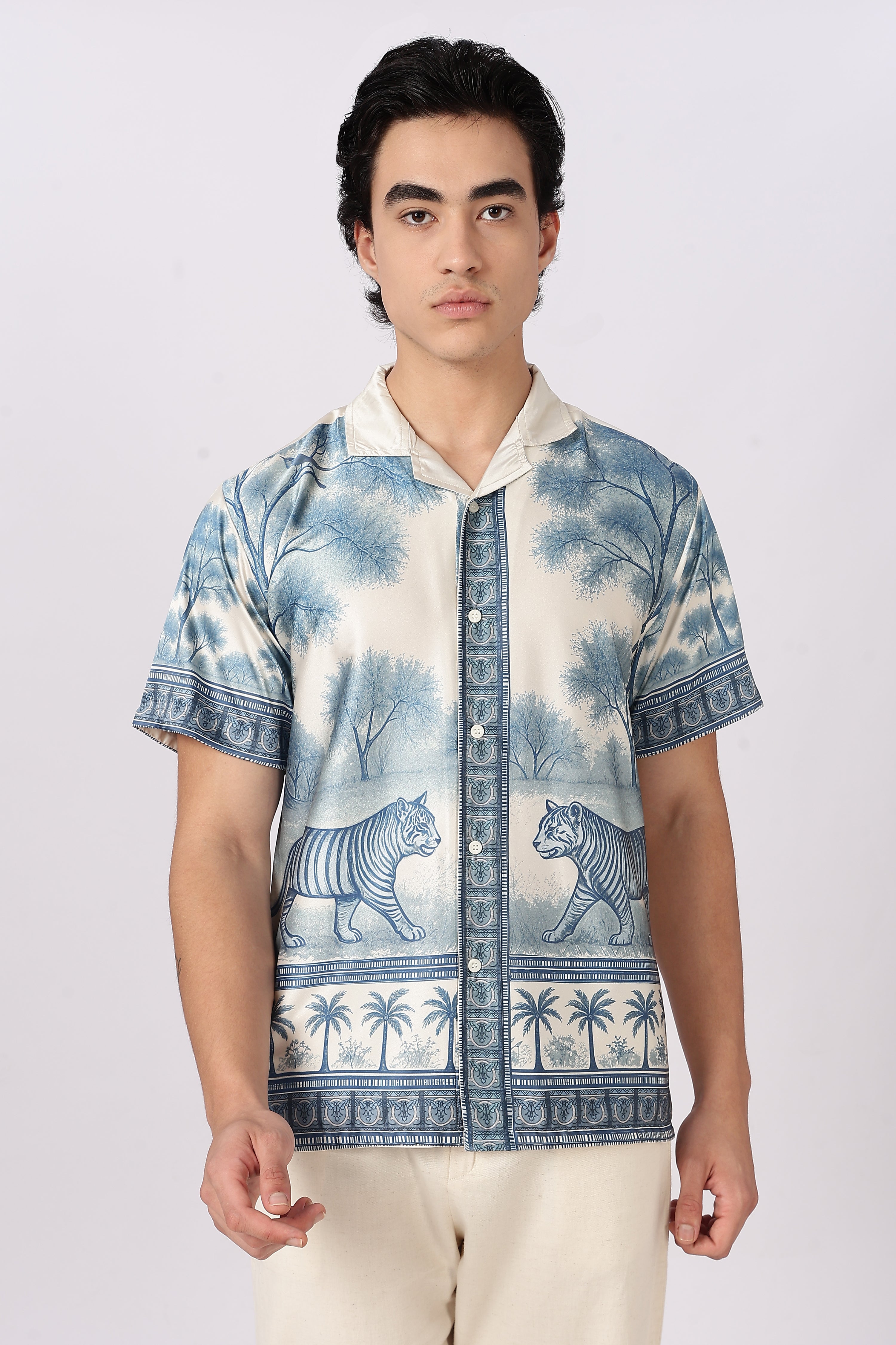 Royal Safari Scenic Cotton Box Fit Beige Printed Shirt