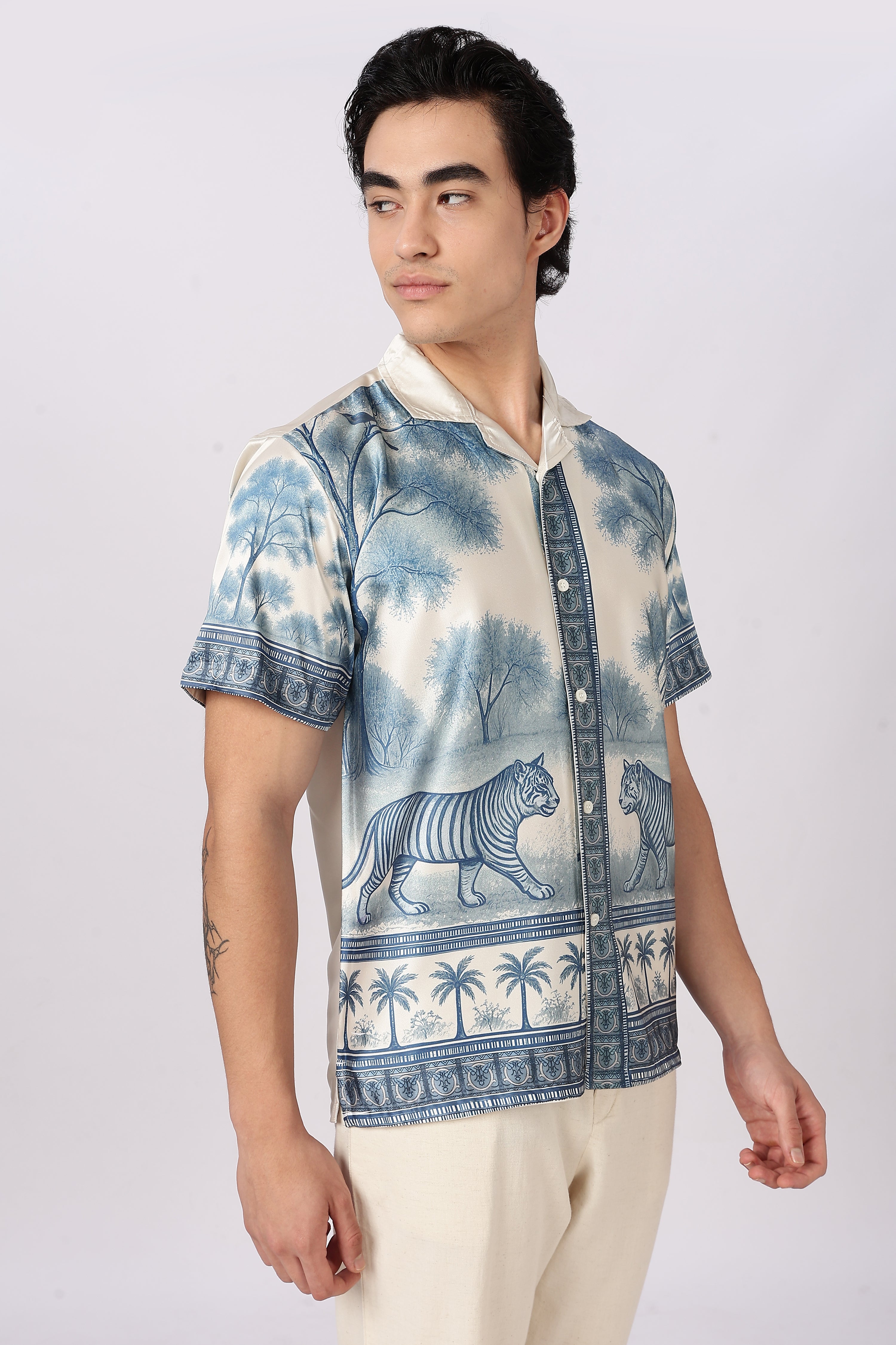 Royal Safari Scenic Cotton Box Fit Beige Printed Shirt