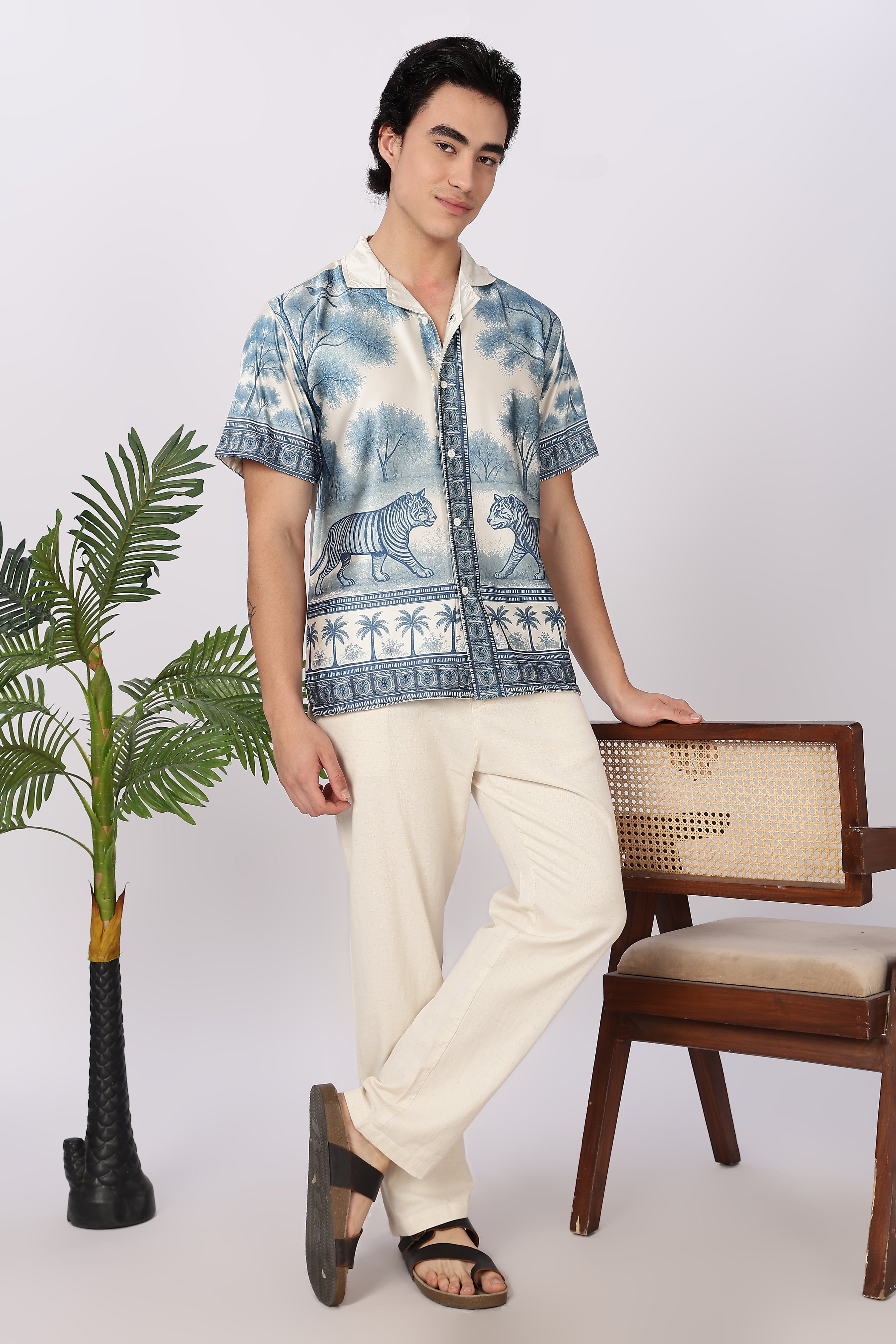 Royal Safari Scenic Cotton Box Fit Beige Printed Shirt