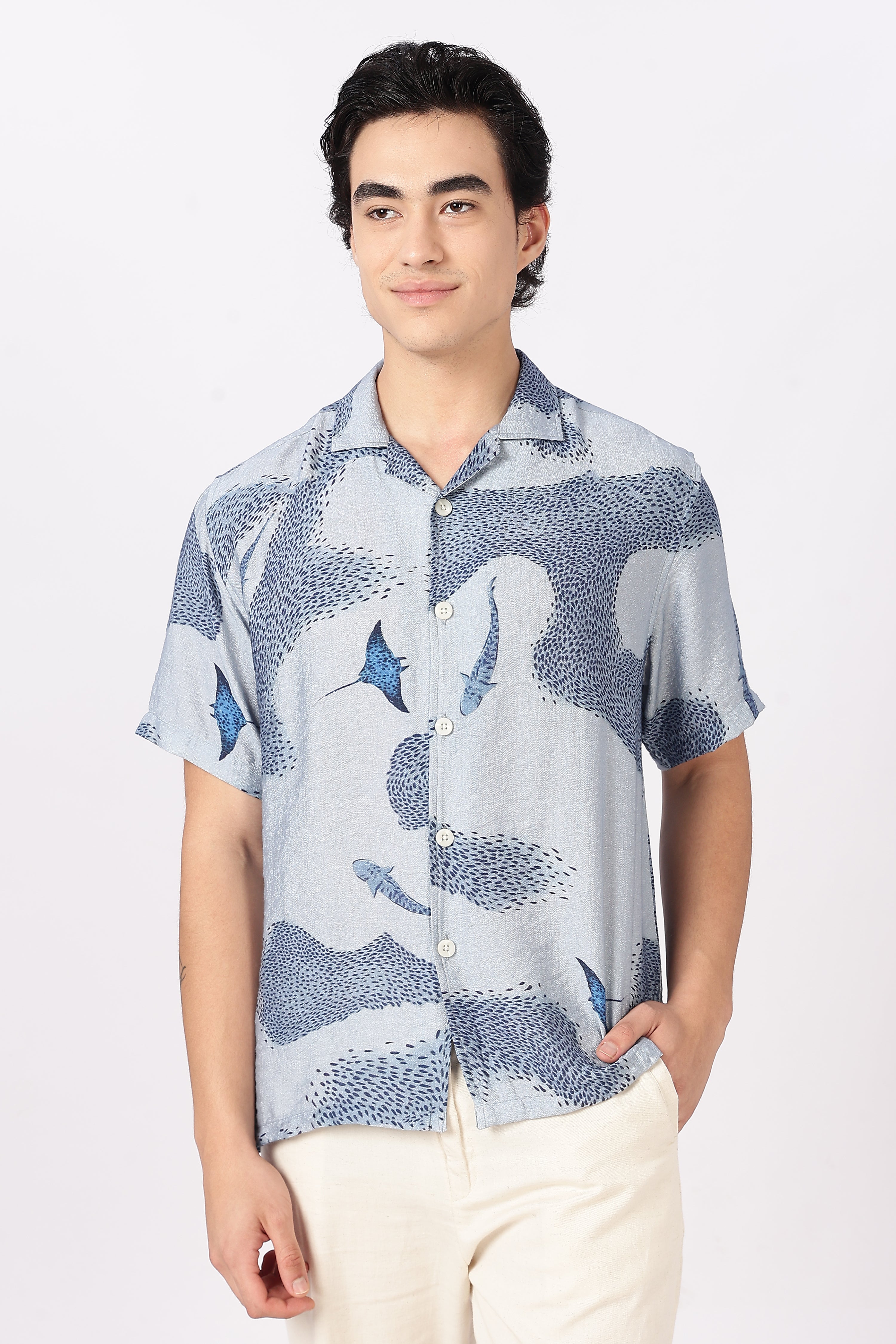 Blue Tide Marine Life Printed Cuban Collar Shirt