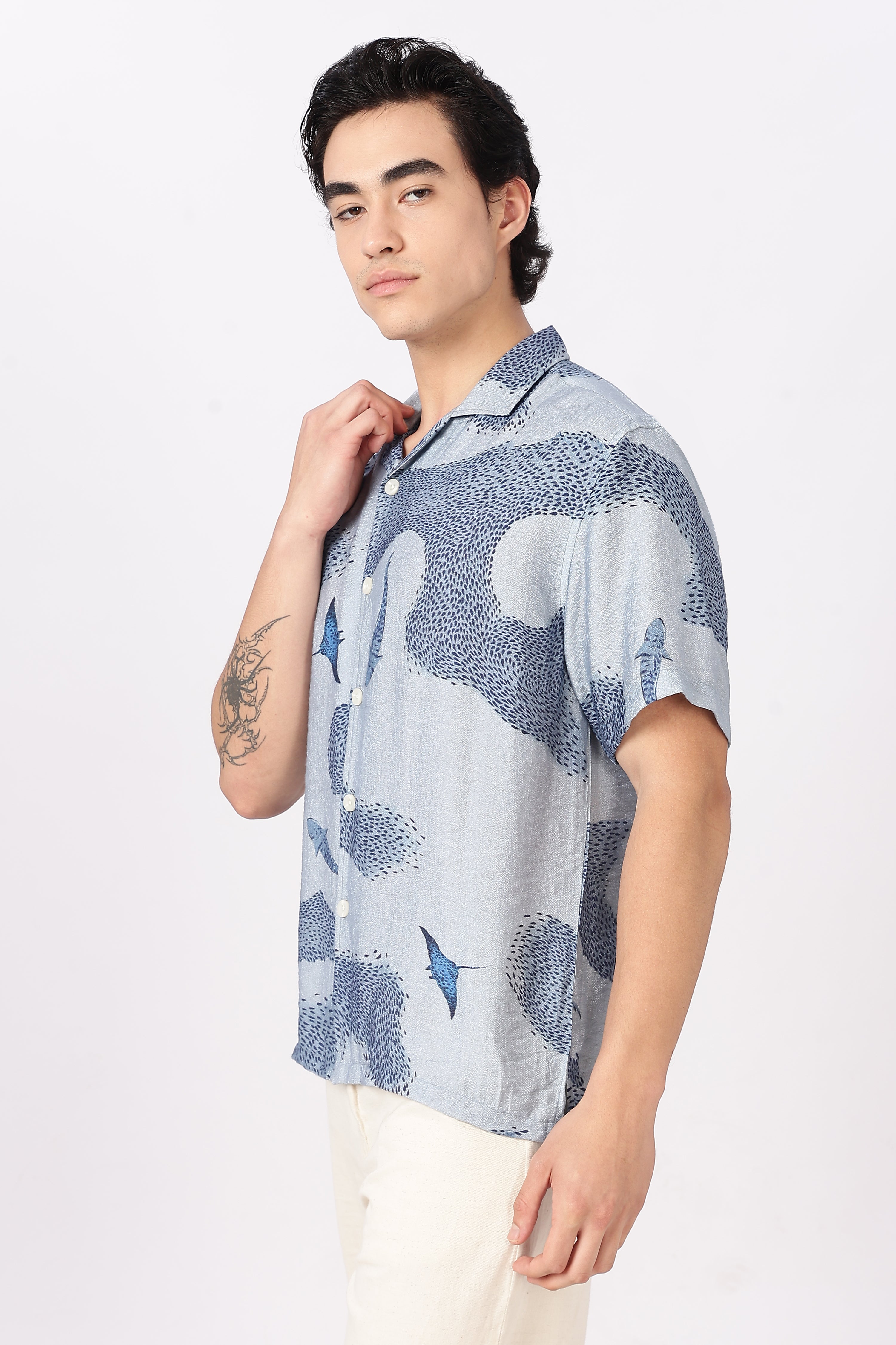 Blue Tide Marine Life Printed Cuban Collar Shirt