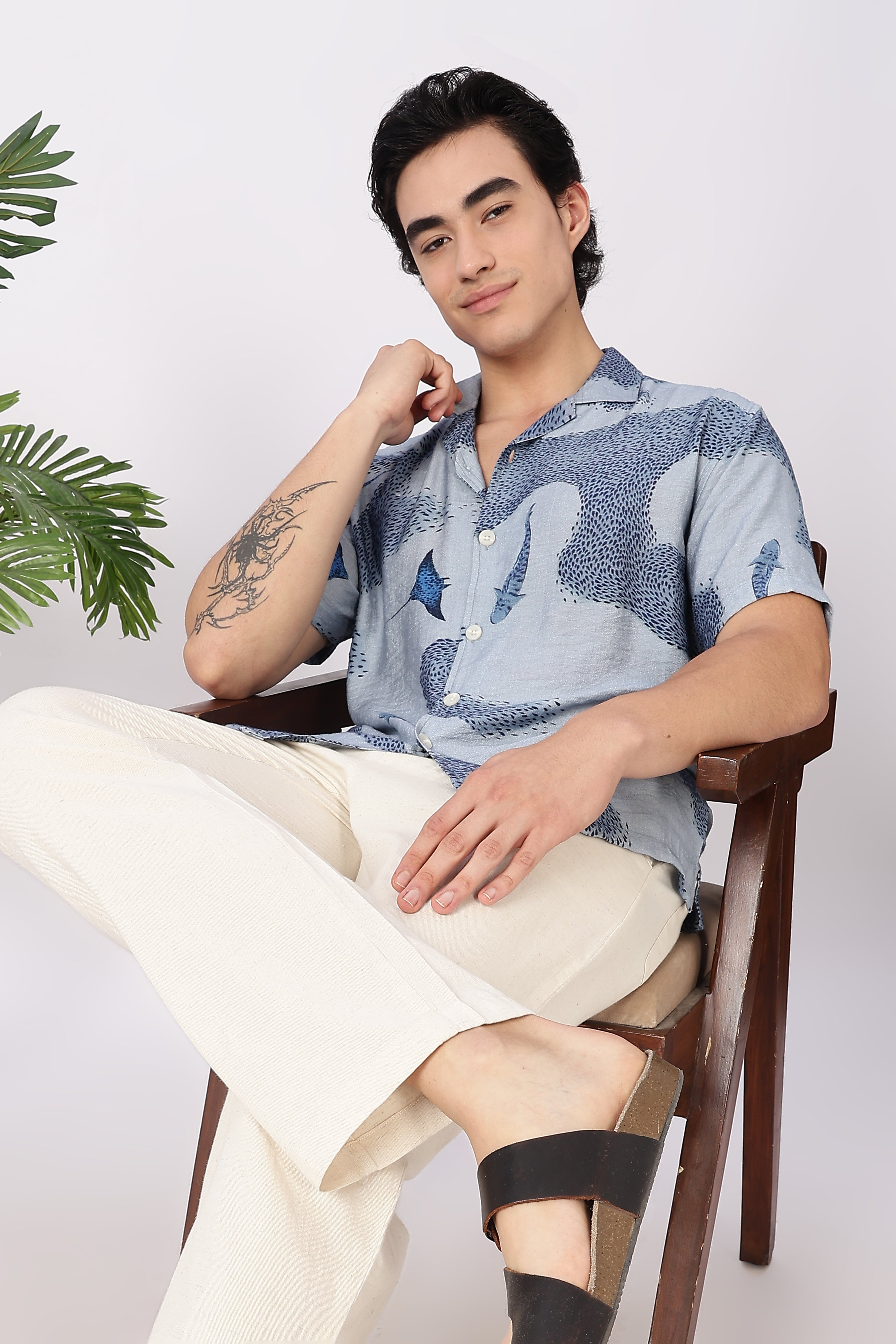 Blue Tide Marine Life Printed Cuban Collar Shirt